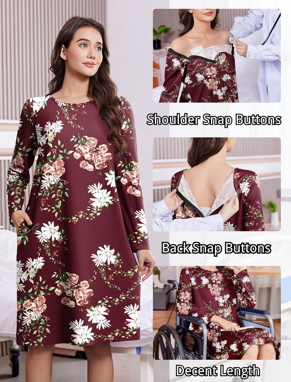imageDeyeek Open Back Hospital Gowns for Women Post Shoulder Surgery Tear Away Snap Chemo Port Adaptive Clothing with PocketsRed Print