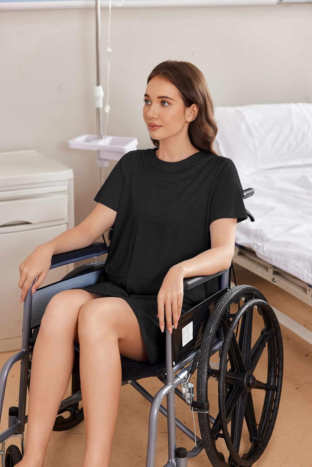 imageDeyeek Open Back Hospital Gowns for Women Tear Away Short Sleeve Post Surgery Soft Nightgowns for Elderly Women With PocketBlack