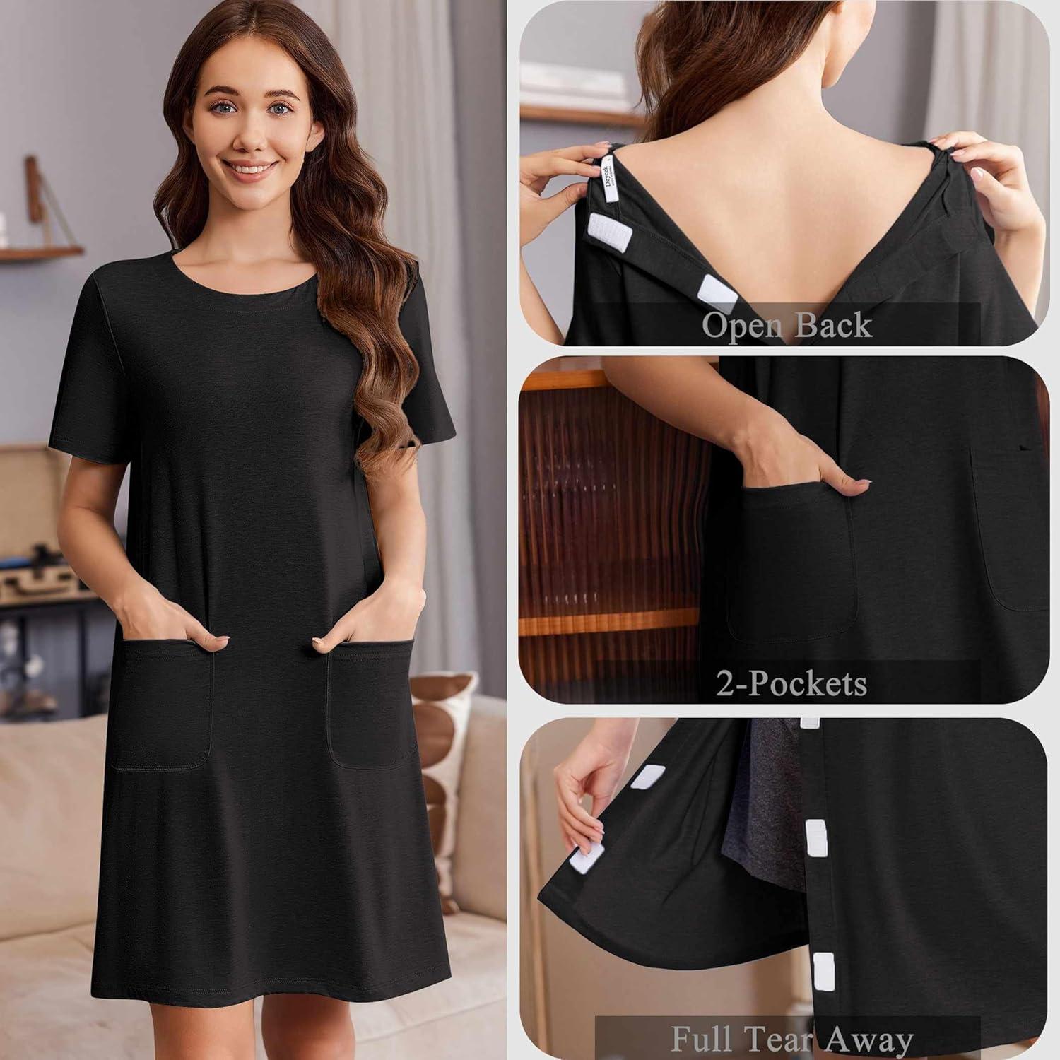 imageDeyeek Open Back Hospital Gowns for Women Tear Away Short Sleeve Post Surgery Soft Nightgowns for Elderly Women With PocketBlack