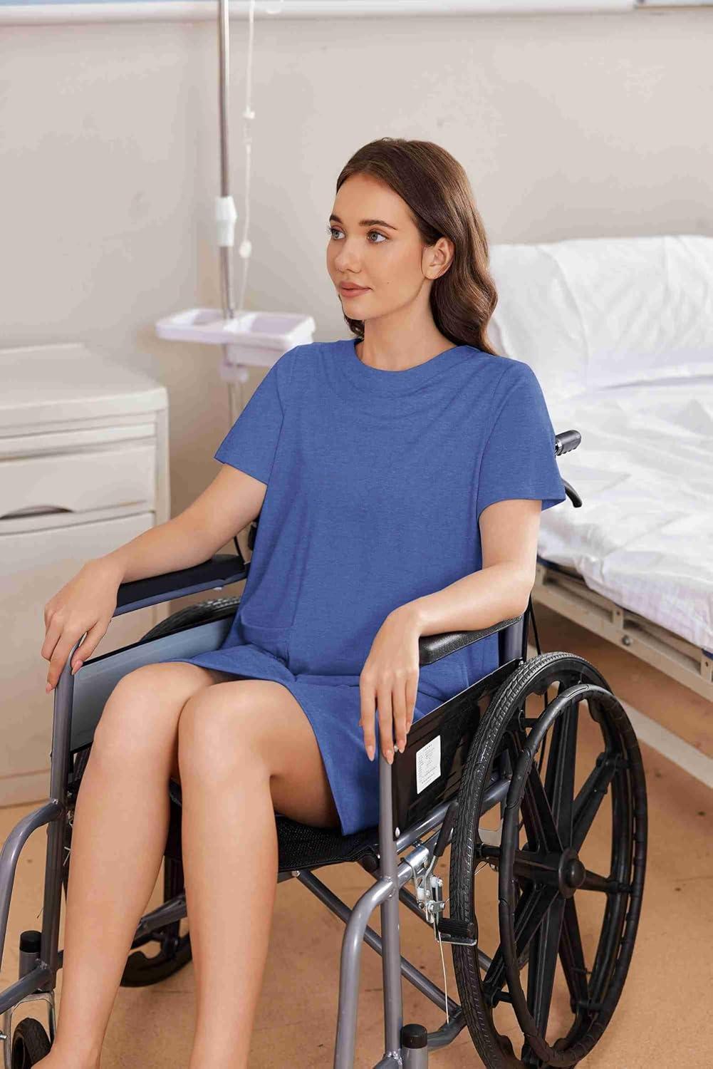 imageDeyeek Open Back Hospital Gowns for Women Tear Away Short Sleeve Post Surgery Soft Nightgowns for Elderly Women With PocketDeep Blue