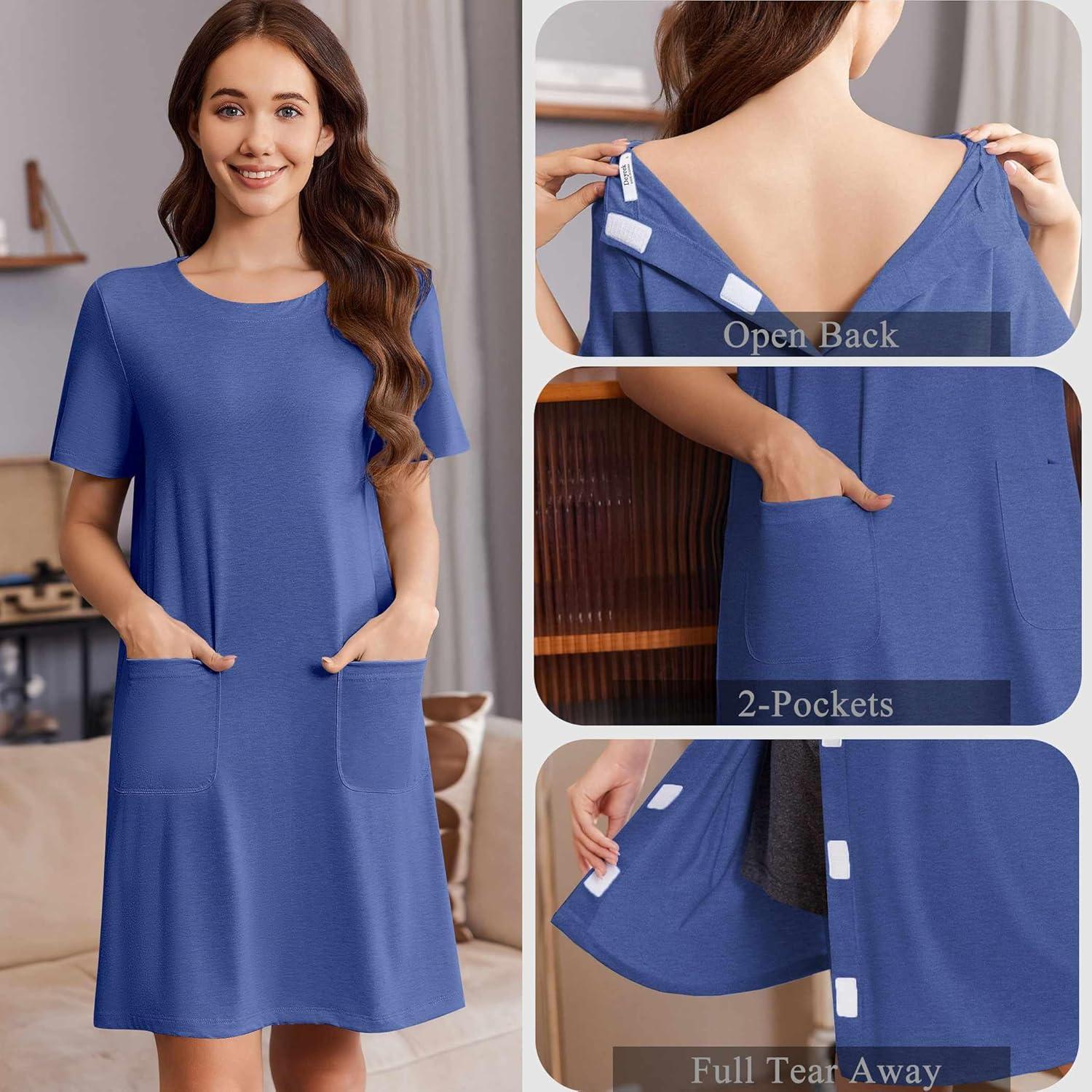 imageDeyeek Open Back Hospital Gowns for Women Tear Away Short Sleeve Post Surgery Soft Nightgowns for Elderly Women With PocketDeep Blue