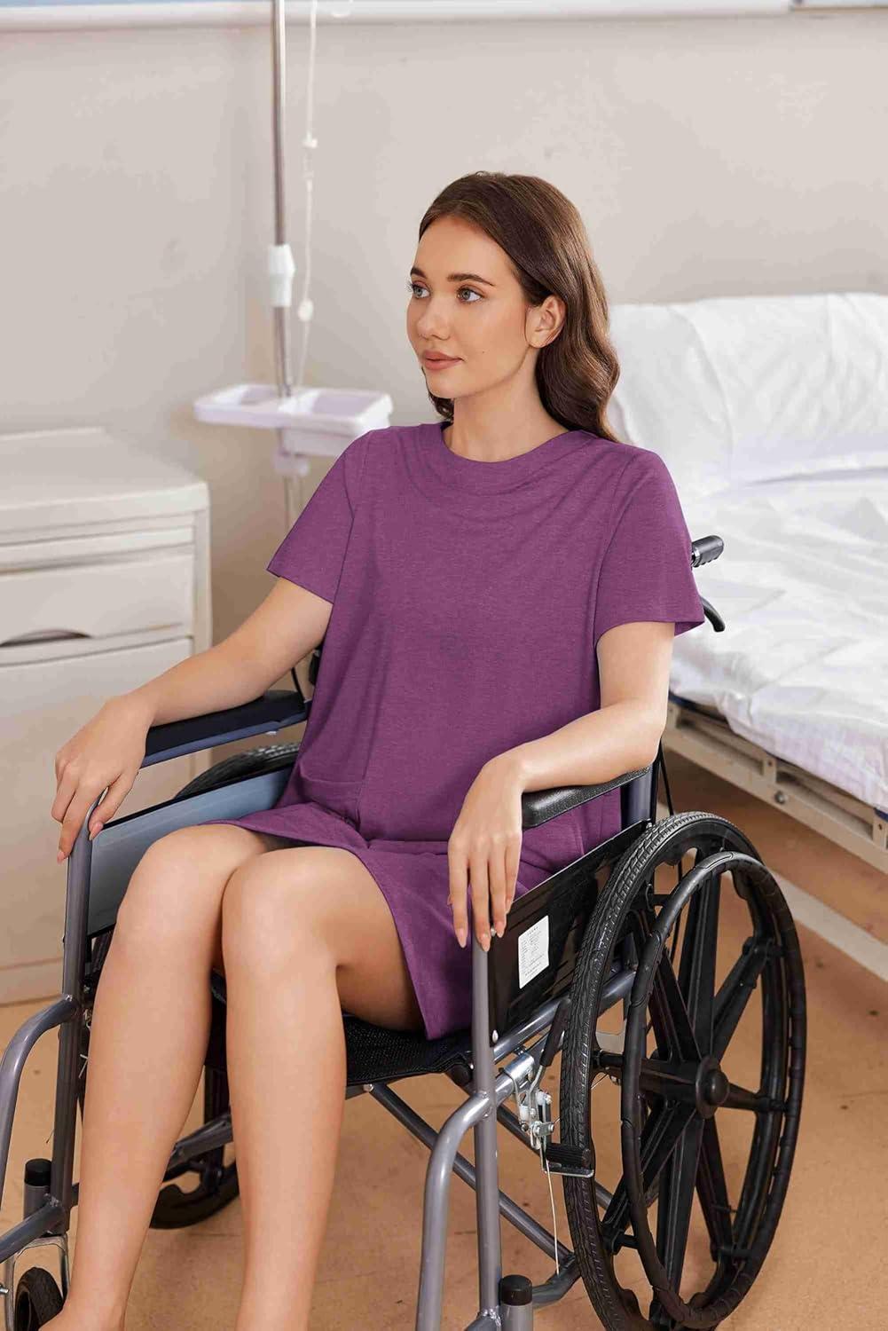 imageDeyeek Open Back Hospital Gowns for Women Tear Away Short Sleeve Post Surgery Soft Nightgowns for Elderly Women With PocketEggplant Purple