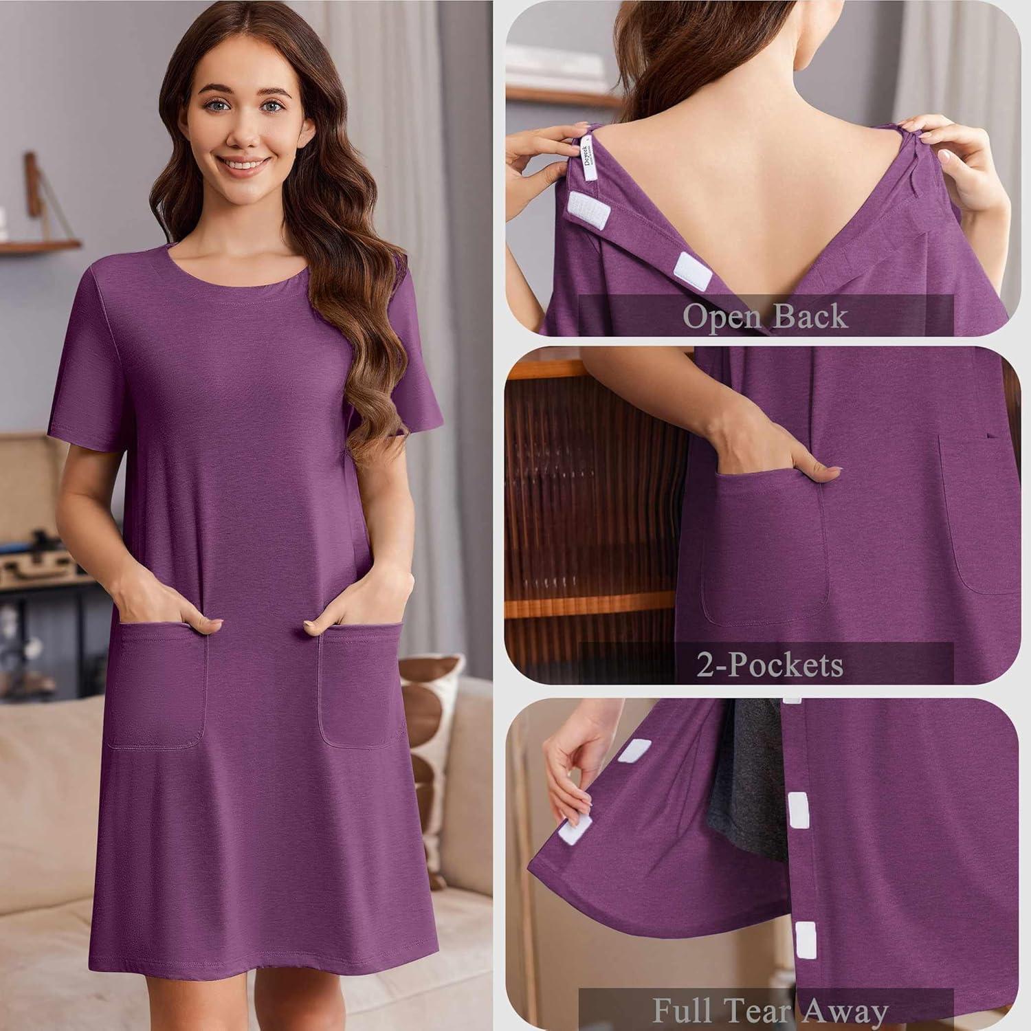 imageDeyeek Open Back Hospital Gowns for Women Tear Away Short Sleeve Post Surgery Soft Nightgowns for Elderly Women With PocketEggplant Purple