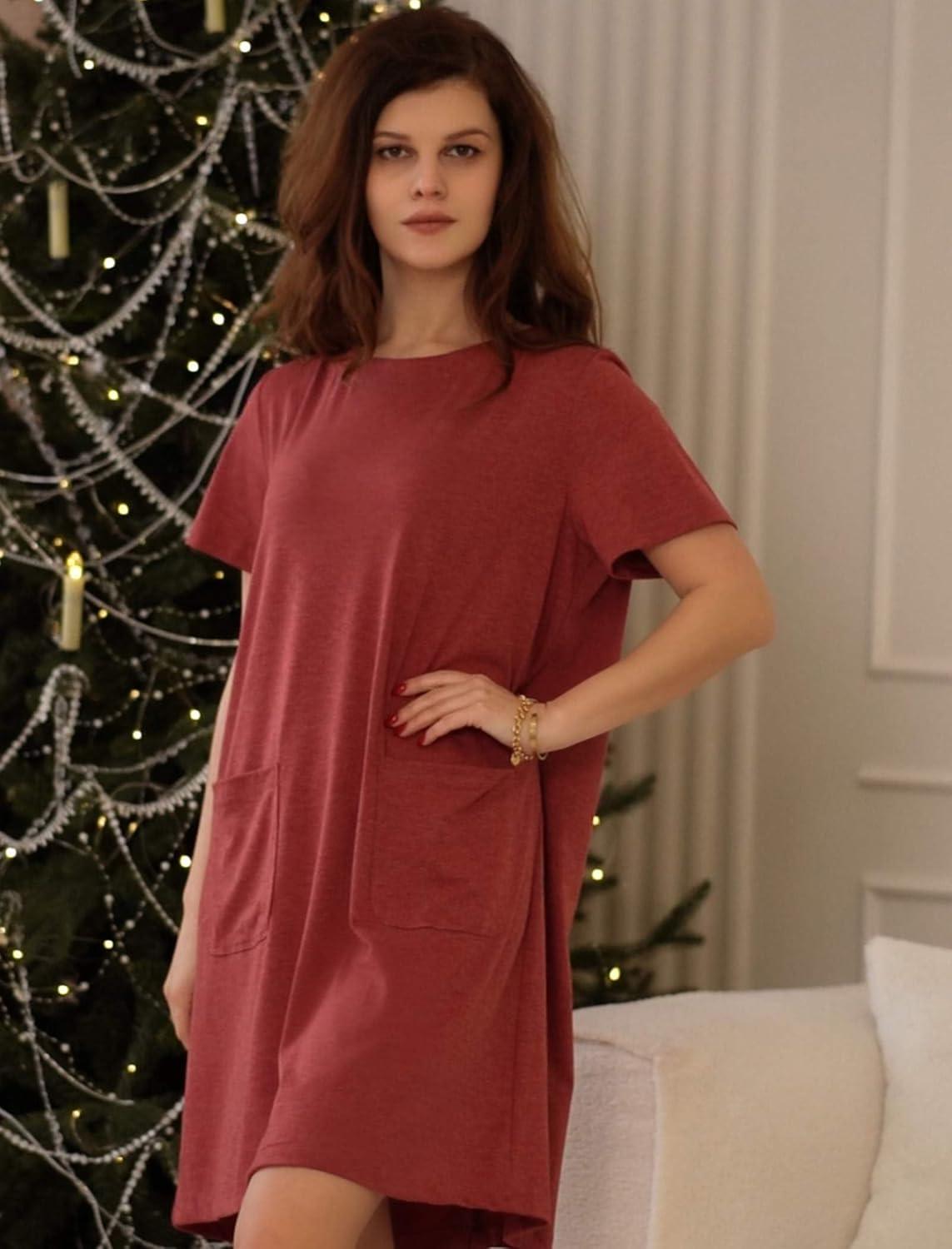 imageDeyeek Open Back Hospital Gowns for Women Tear Away Short Sleeve Post Surgery Soft Nightgowns for Elderly Women With PocketWine Red