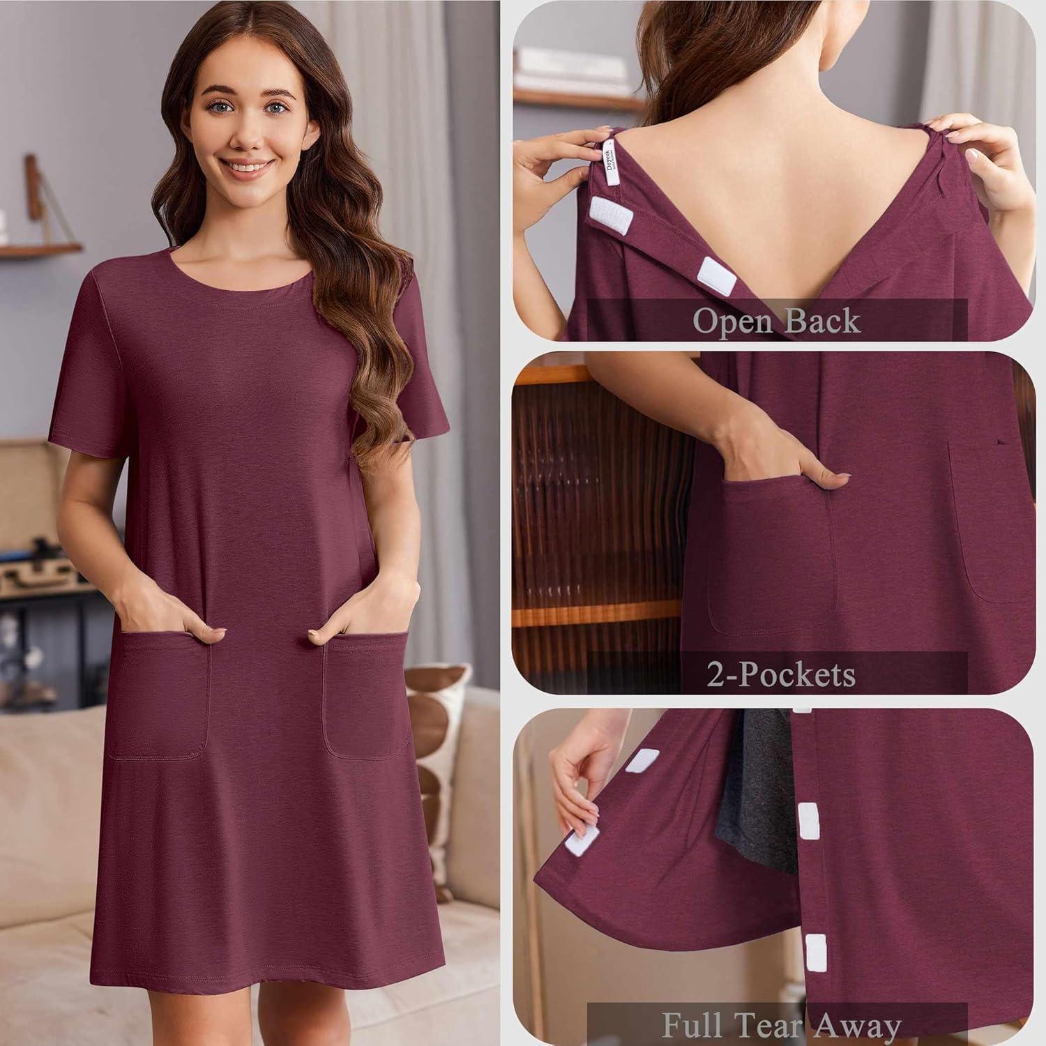 imageDeyeek Open Back Hospital Gowns for Women Tear Away Short Sleeve Post Surgery Soft Nightgowns for Elderly Women With PocketWine Red