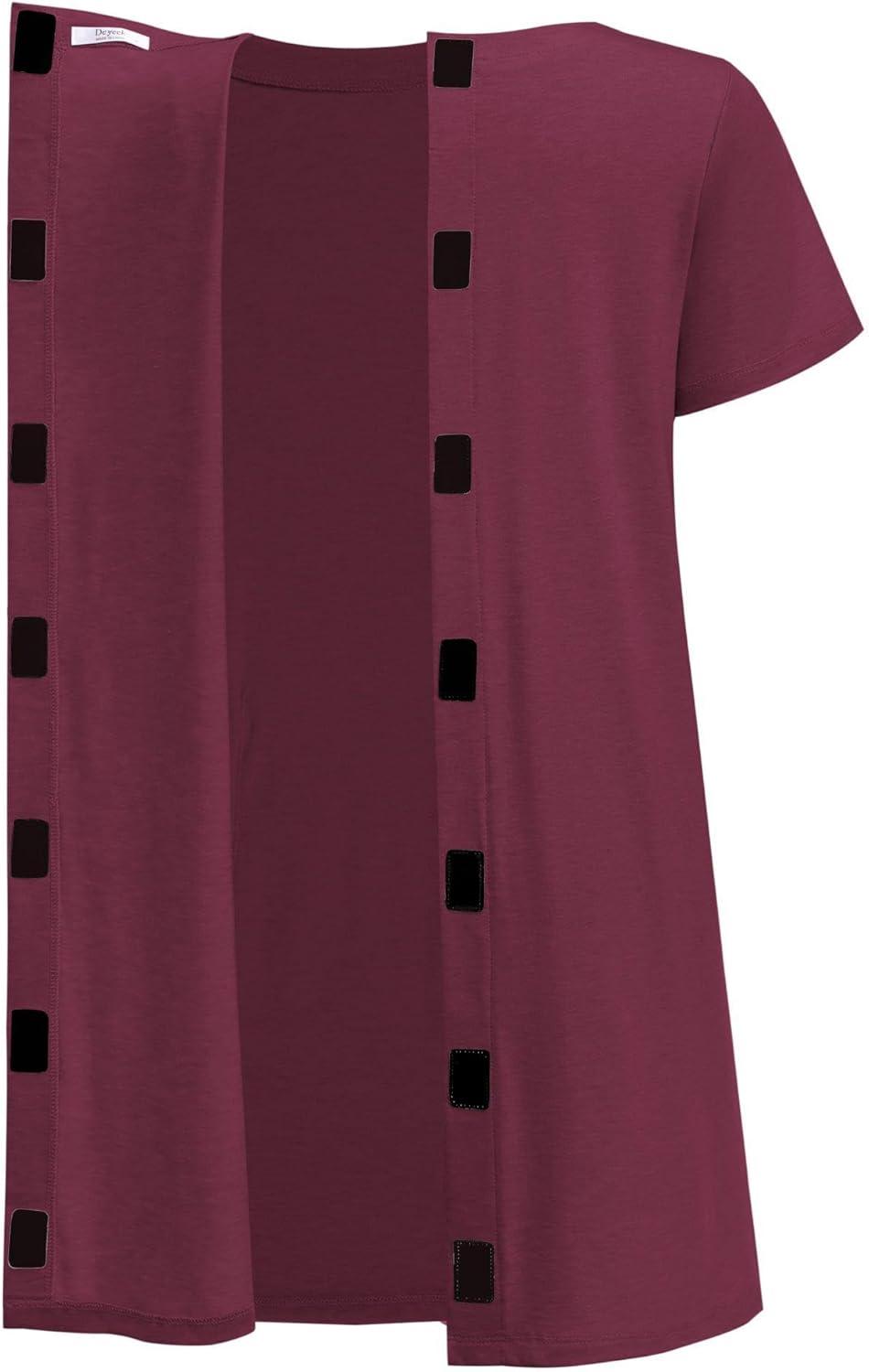 imageDeyeek Open Back Hospital Gowns for Women Tear Away Short Sleeve Post Surgery Soft Nightgowns for Elderly Women With PocketWine Red