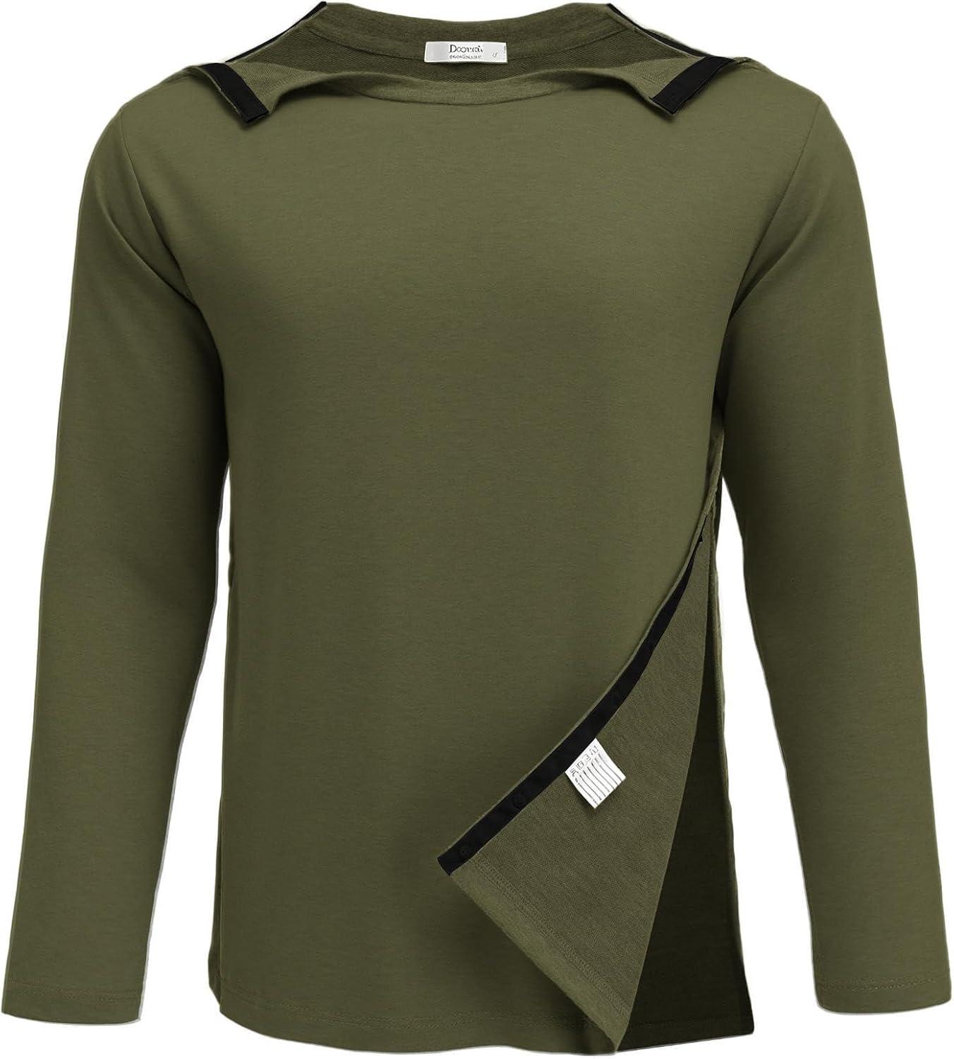 imageDeyeek Post Shoulder Surgery Recovery Shirts for Men Chemo Port Access Top Snap Full Tear Away Long SleeveArmy Green