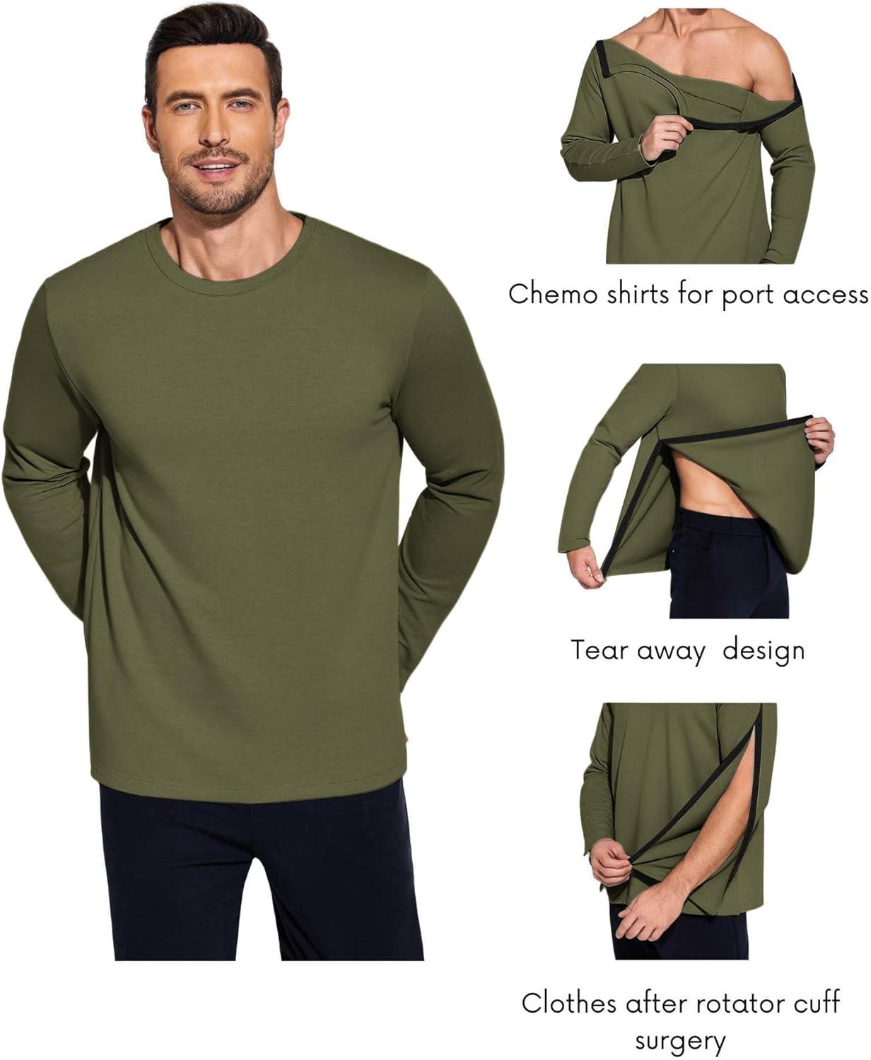 imageDeyeek Post Shoulder Surgery Recovery Shirts for Men Chemo Port Access Top Snap Full Tear Away Long SleeveArmy Green