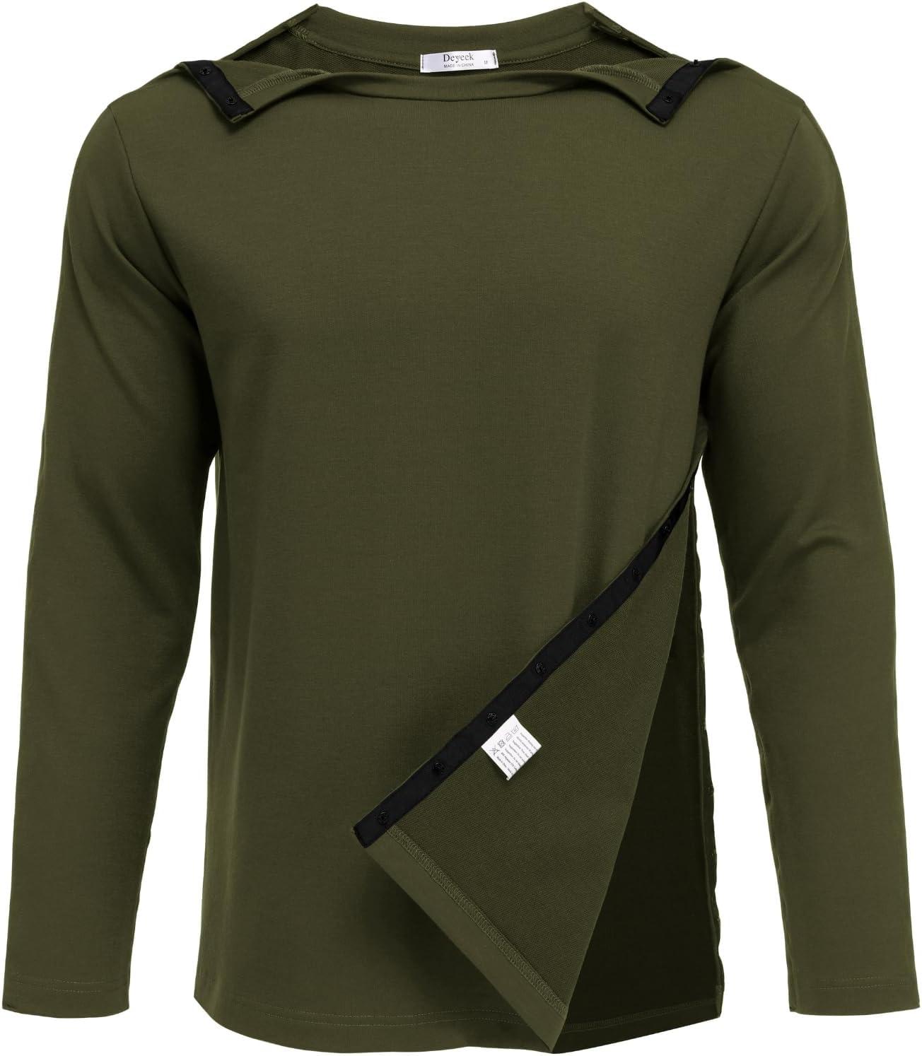 imageDeyeek Post Shoulder Surgery Recovery Shirts for Men Chemo Port Access Top Snap Full Tear Away Long SleeveArmy Green