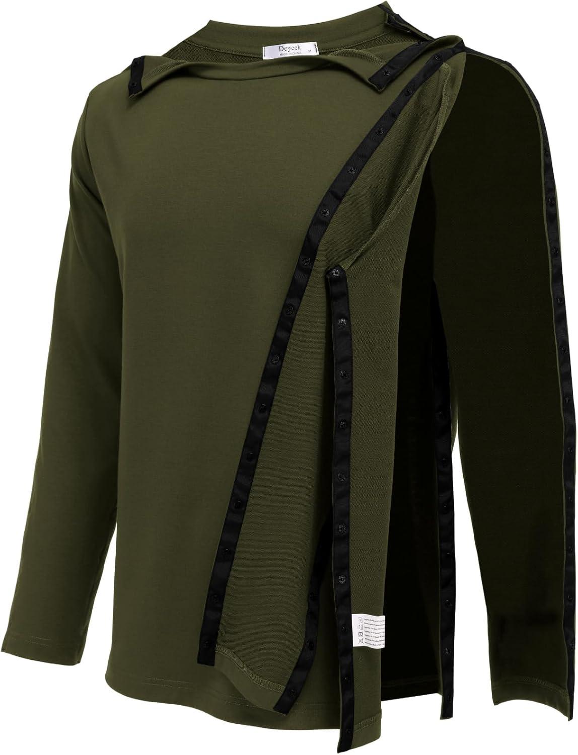 imageDeyeek Post Shoulder Surgery Recovery Shirts for Men Chemo Port Access Top Snap Full Tear Away Long SleeveArmy Green