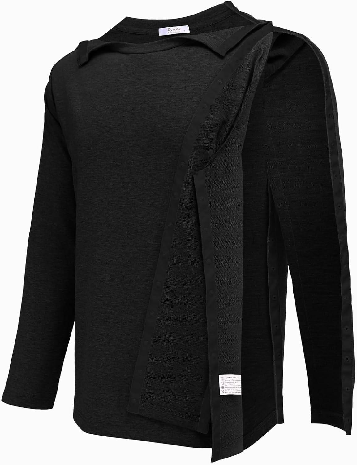 imageDeyeek Post Shoulder Surgery Recovery Shirts for Men Chemo Port Access Top Snap Full Tear Away Long SleeveBlack