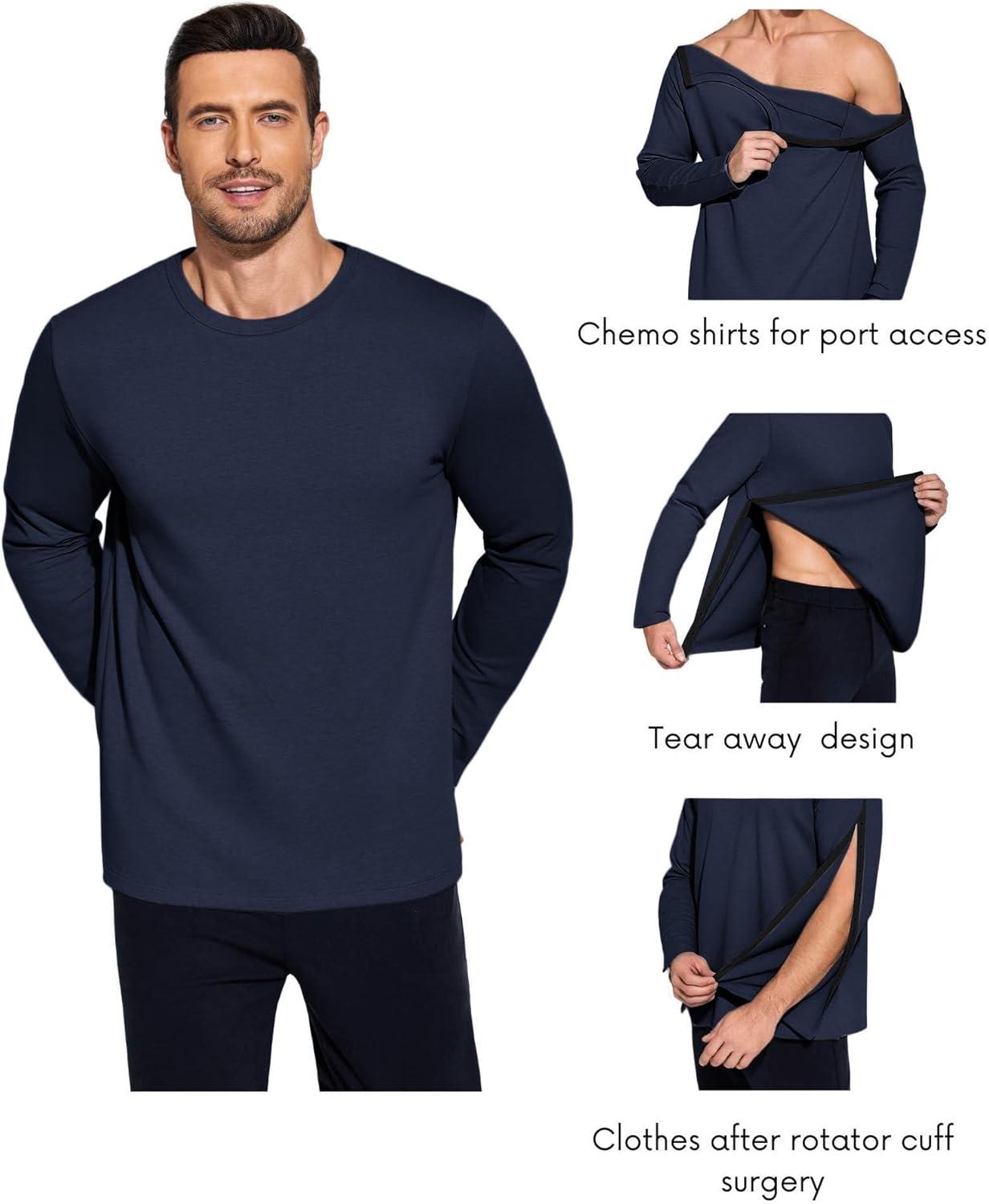 imageDeyeek Post Shoulder Surgery Recovery Shirts for Men Chemo Port Access Top Snap Full Tear Away Long SleeveBlue Purple