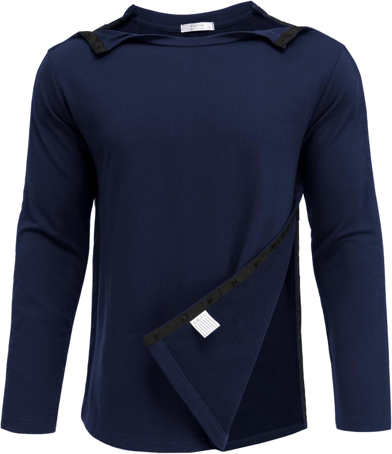 imageDeyeek Post Shoulder Surgery Recovery Shirts for Men Chemo Port Access Top Snap Full Tear Away Long SleeveBlue Purple