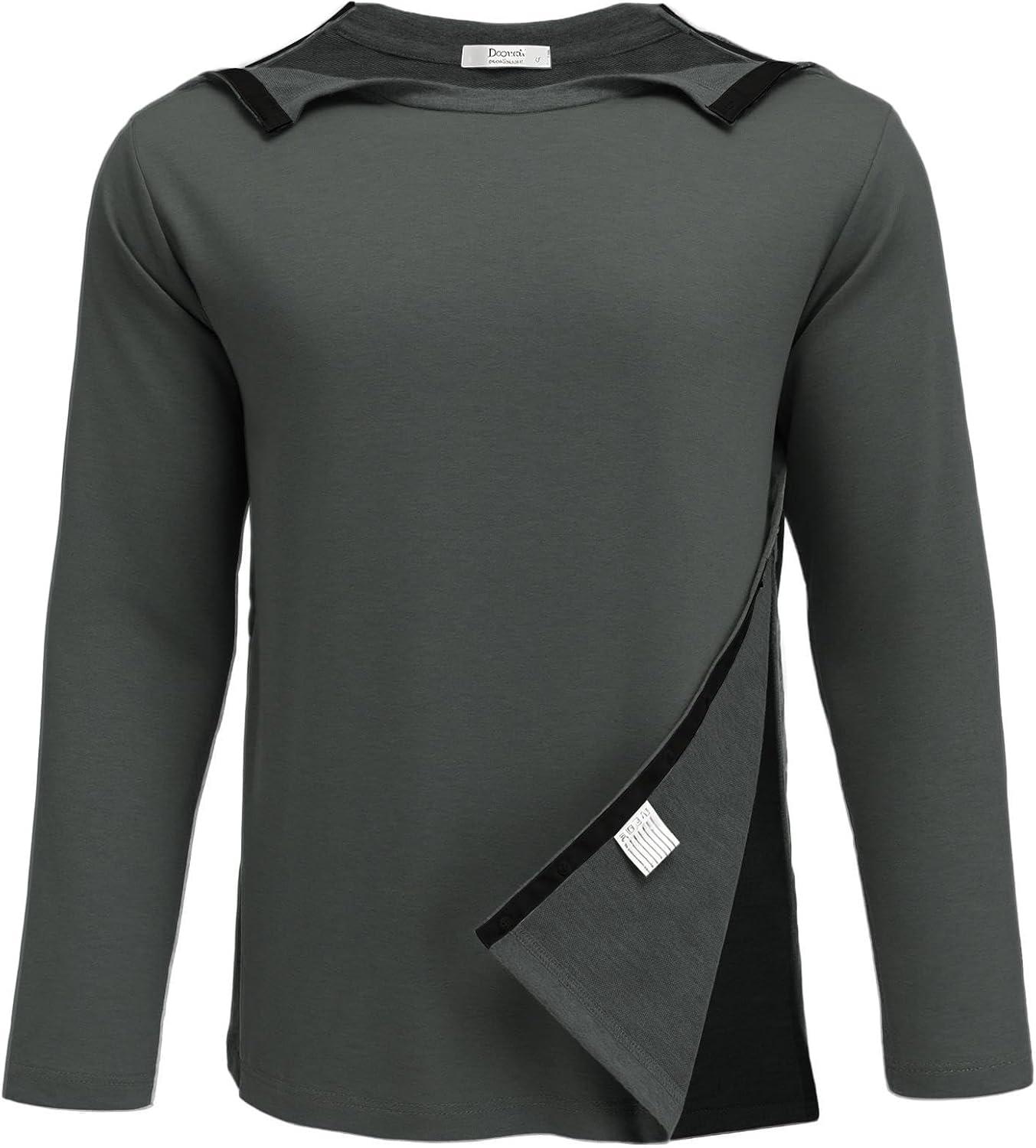 imageDeyeek Post Shoulder Surgery Recovery Shirts for Men Chemo Port Access Top Snap Full Tear Away Long SleeveDark Gray