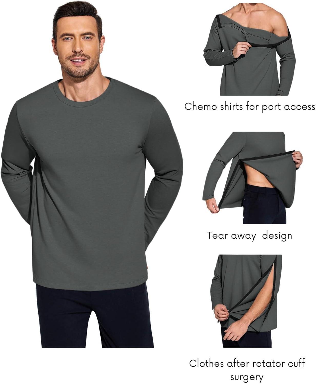 imageDeyeek Post Shoulder Surgery Recovery Shirts for Men Chemo Port Access Top Snap Full Tear Away Long SleeveDark Gray