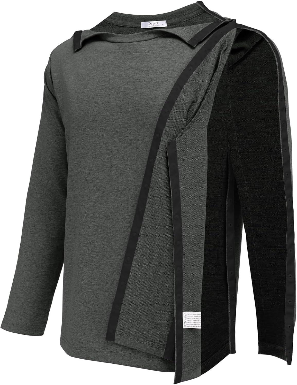 imageDeyeek Post Shoulder Surgery Recovery Shirts for Men Chemo Port Access Top Snap Full Tear Away Long SleeveDark Gray