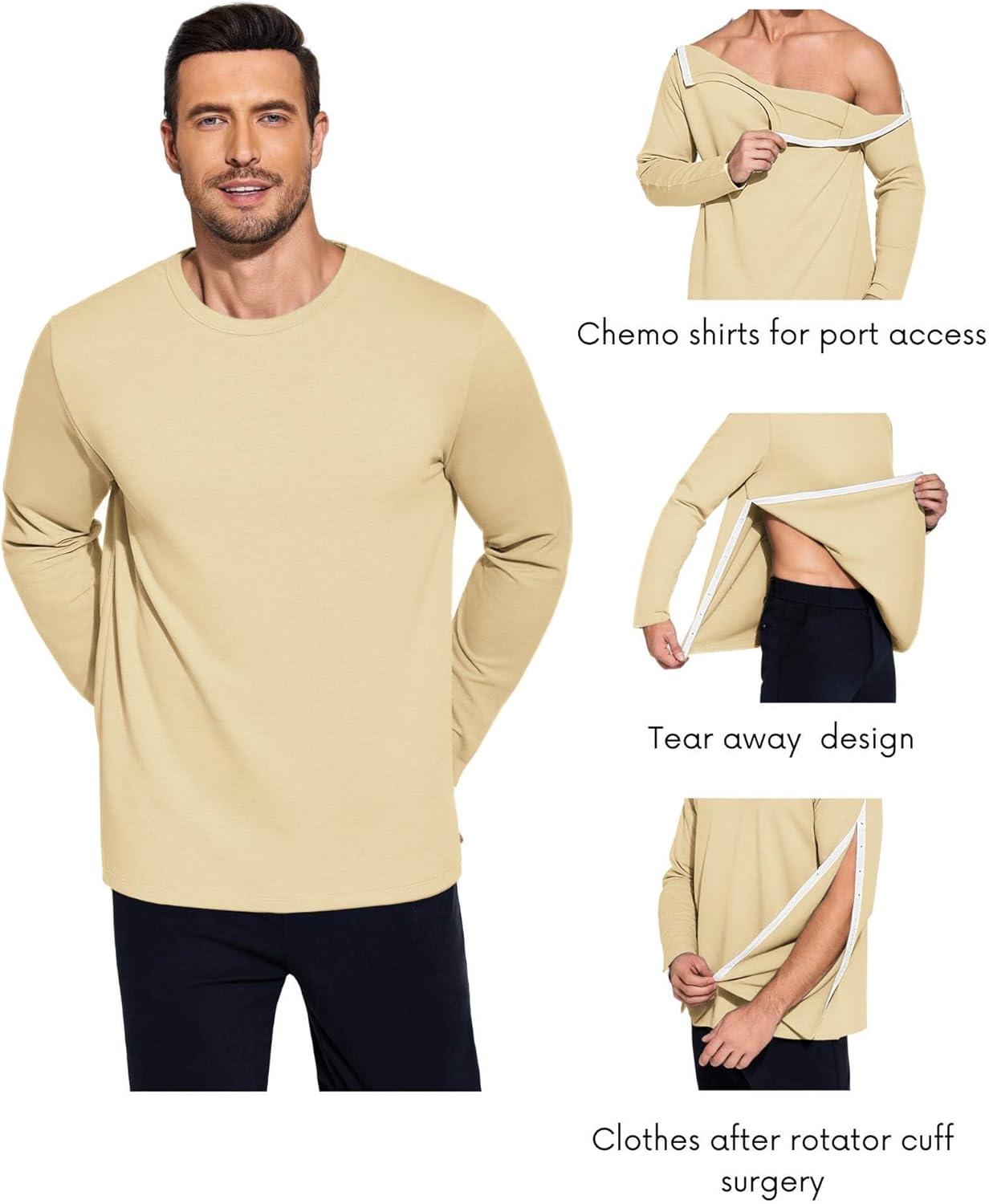 imageDeyeek Post Shoulder Surgery Recovery Shirts for Men Chemo Port Access Top Snap Full Tear Away Long SleeveKhaki