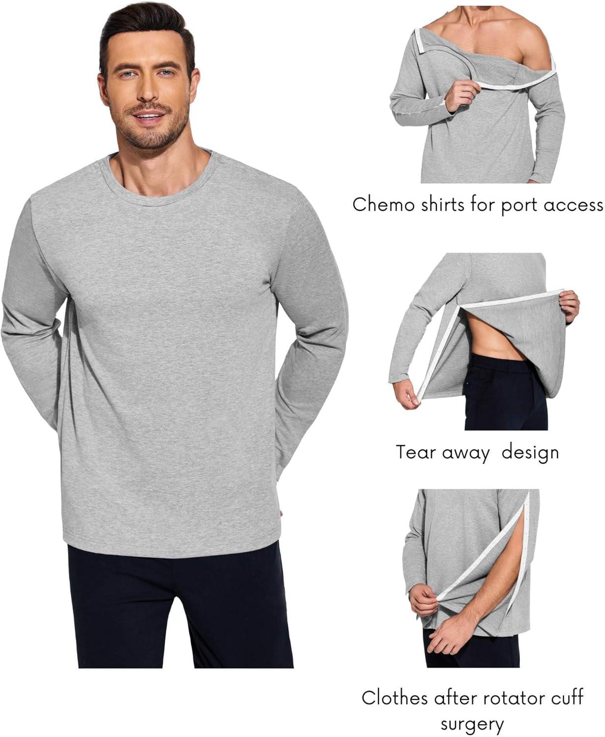 imageDeyeek Post Shoulder Surgery Recovery Shirts for Men Chemo Port Access Top Snap Full Tear Away Long SleeveLight Grey