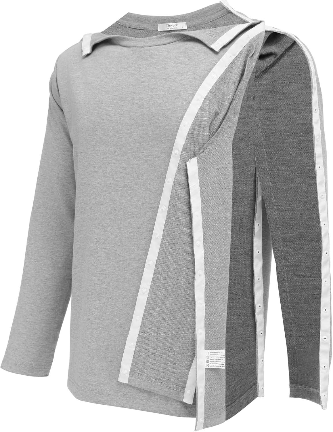 imageDeyeek Post Shoulder Surgery Recovery Shirts for Men Chemo Port Access Top Snap Full Tear Away Long SleeveLight Grey