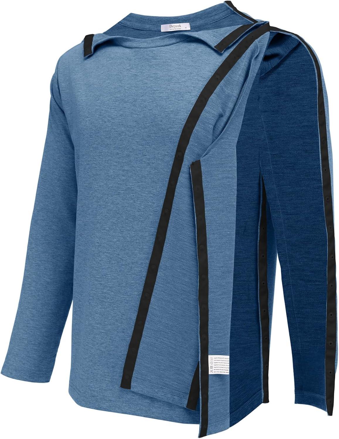 imageDeyeek Post Shoulder Surgery Recovery Shirts for Men Chemo Port Access Top Snap Full Tear Away Long SleeveNavy Blue