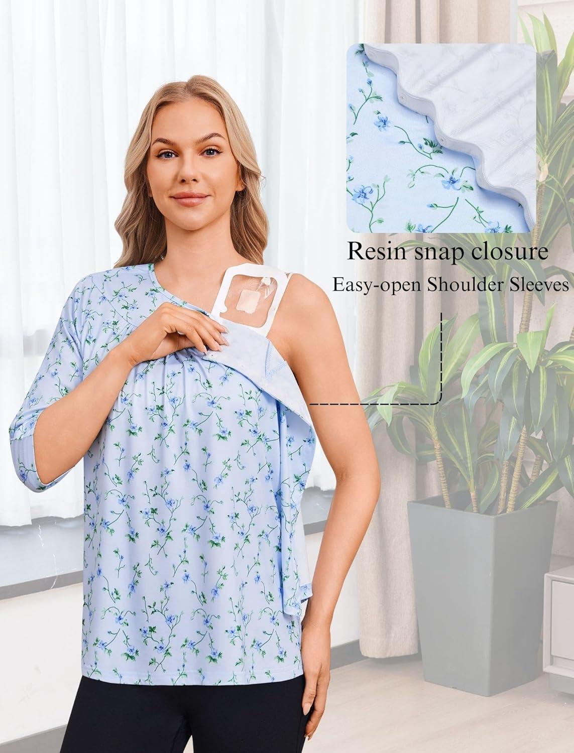 imageDeyeek Post Shoulder Surgery Shirt for Women Chemo Tear Away Shirt Snap Button 34 Sleeve Recovery Adaptive ClothingBlue Print