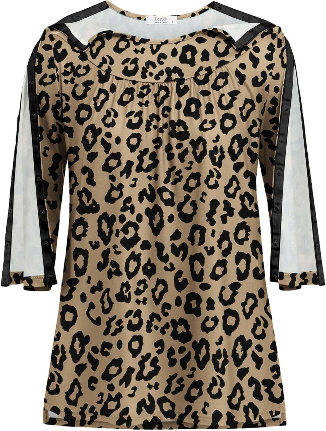 imageDeyeek Post Shoulder Surgery Shirt for Women Chemo Tear Away Shirt Snap Button 34 Sleeve Recovery Adaptive ClothingLeopard Print
