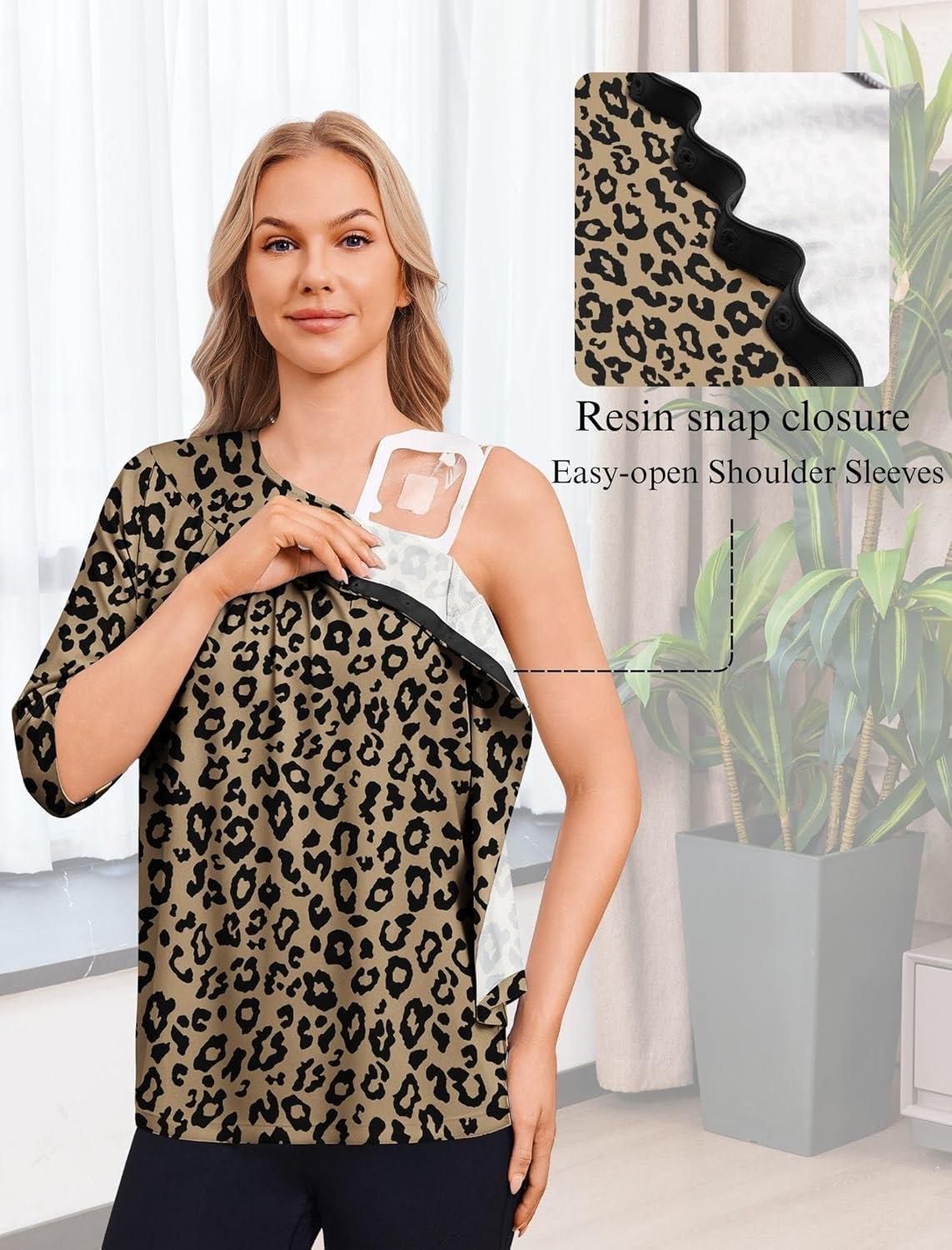 imageDeyeek Post Shoulder Surgery Shirt for Women Chemo Tear Away Shirt Snap Button 34 Sleeve Recovery Adaptive ClothingLeopard Print