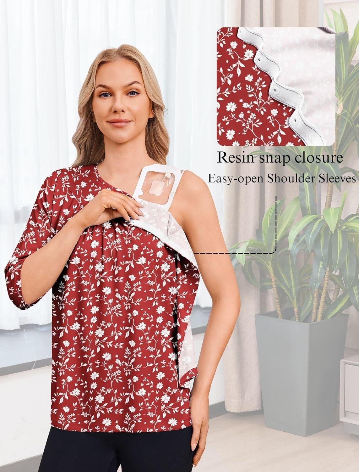 imageDeyeek Post Shoulder Surgery Shirt for Women Chemo Tear Away Shirt Snap Button 34 Sleeve Recovery Adaptive ClothingRed Print