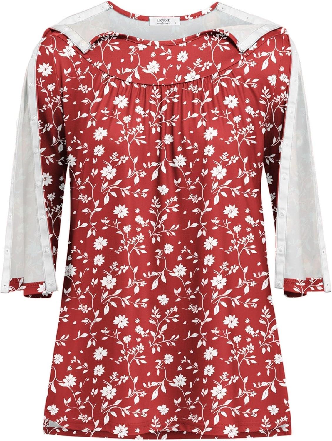 imageDeyeek Post Shoulder Surgery Shirt for Women Chemo Tear Away Shirt Snap Button 34 Sleeve Recovery Adaptive ClothingRed Print