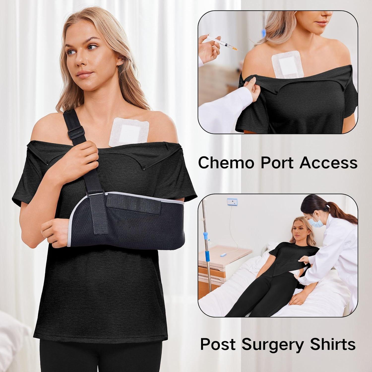 imageDeyeek Post Shoulder Surgery Shirts for Women Chemo Dialysis Port with 2 Shoulder Half Zippers After Rotator Cuff TopsBlack