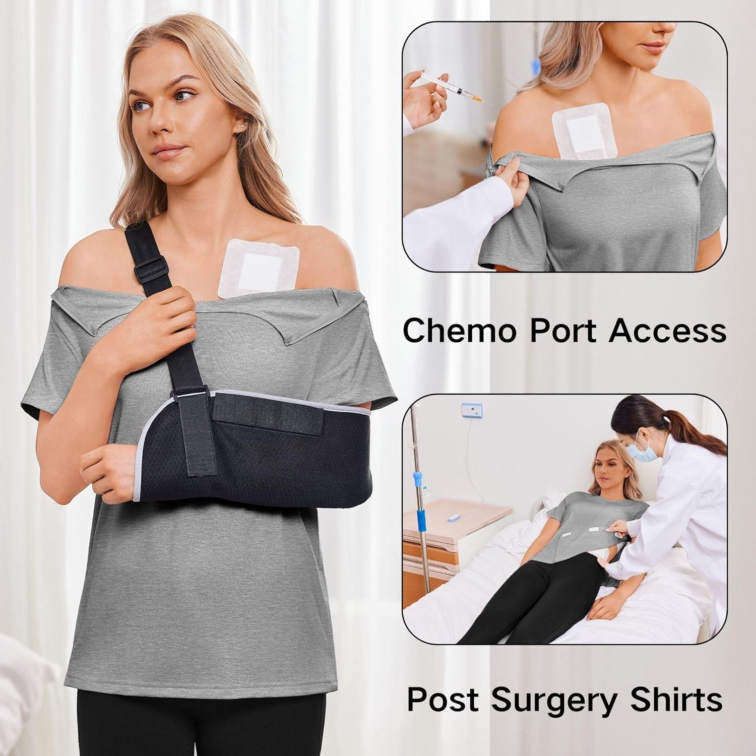 imageDeyeek Post Shoulder Surgery Shirts for Women Chemo Dialysis Port with 2 Shoulder Half Zippers After Rotator Cuff TopsLight Gray