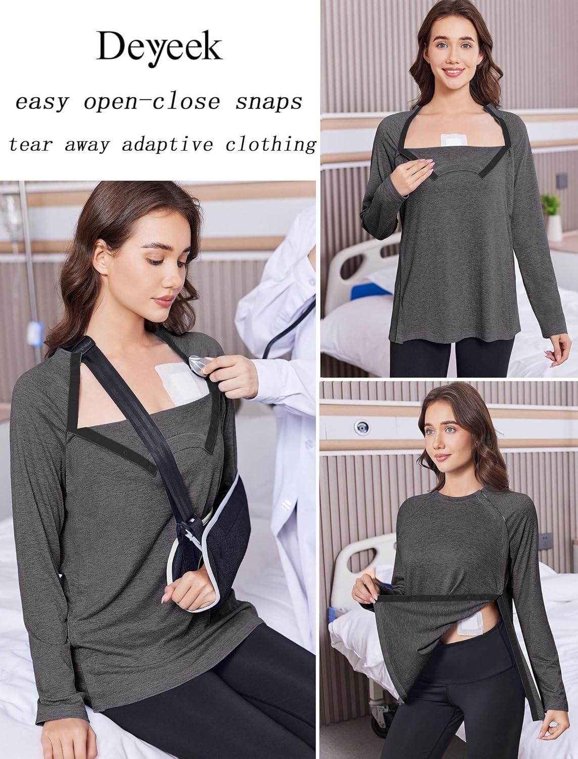 imageDeyeek Post Shoulder Surgery Shirts for Women Full Tear Away 2 Side Snaps After Rotator Cuff Chemo Port Adaptive ClothingDark Gray
