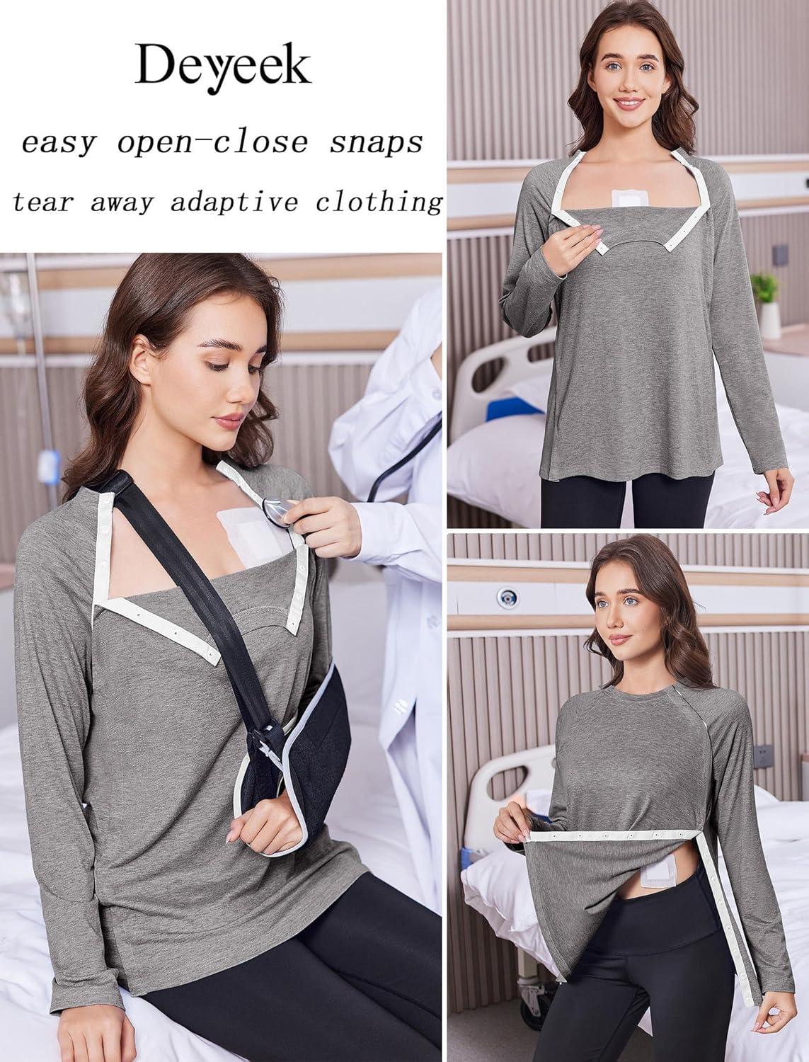 imageDeyeek Post Shoulder Surgery Shirts for Women Full Tear Away 2 Side Snaps After Rotator Cuff Chemo Port Adaptive ClothingLight Gray
