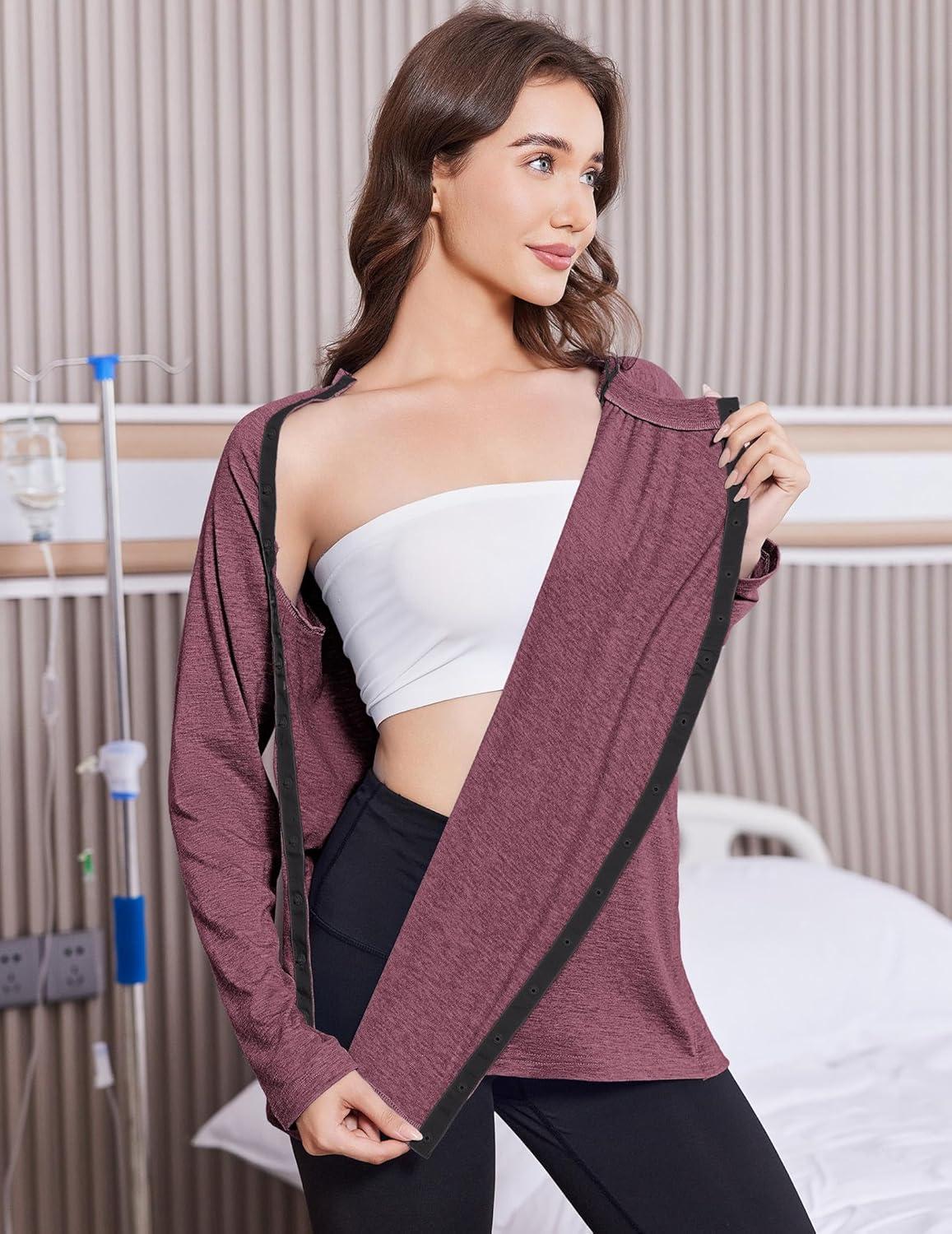 imageDeyeek Post Shoulder Surgery Shirts for Women Full Tear Away 2 Side Snaps After Rotator Cuff Chemo Port Adaptive ClothingRed