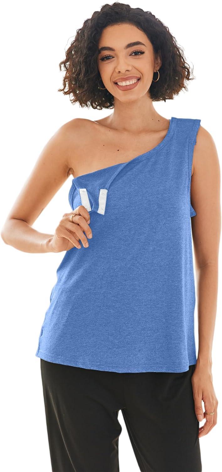 imageDeyeek Post Shoulder Surgery Shirts for Women Tear Away Snap Button Rotator Cuff Shirt Mastectomy Chemo Port Access Tank TopsBlue