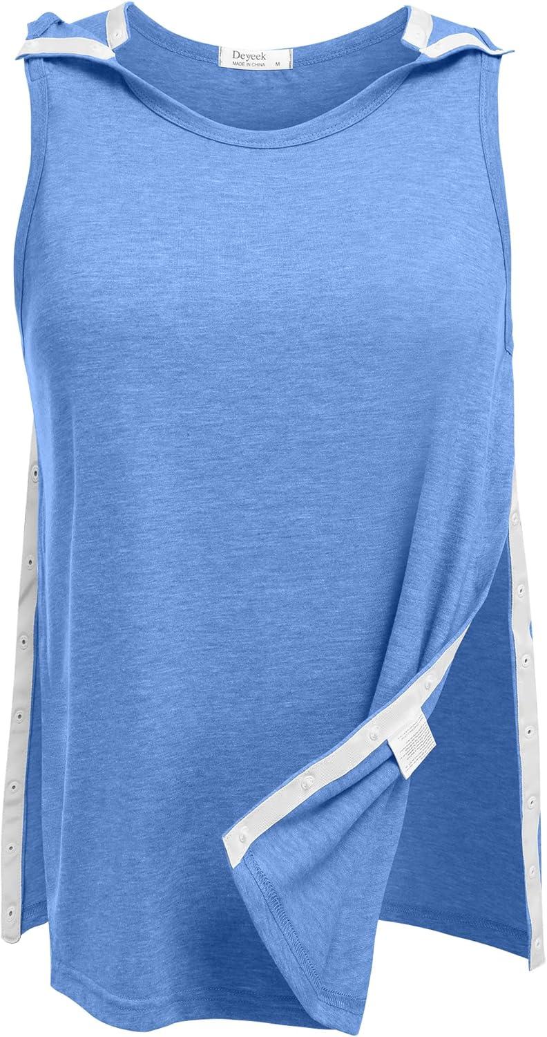 imageDeyeek Post Shoulder Surgery Shirts for Women Tear Away Snap Button Rotator Cuff Shirt Mastectomy Chemo Port Access Tank TopsBlue