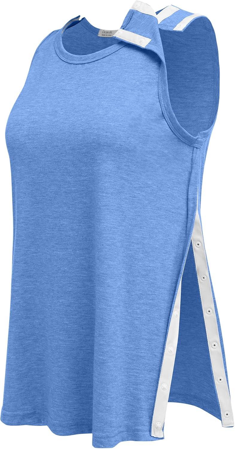 imageDeyeek Post Shoulder Surgery Shirts for Women Tear Away Snap Button Rotator Cuff Shirt Mastectomy Chemo Port Access Tank TopsBlue