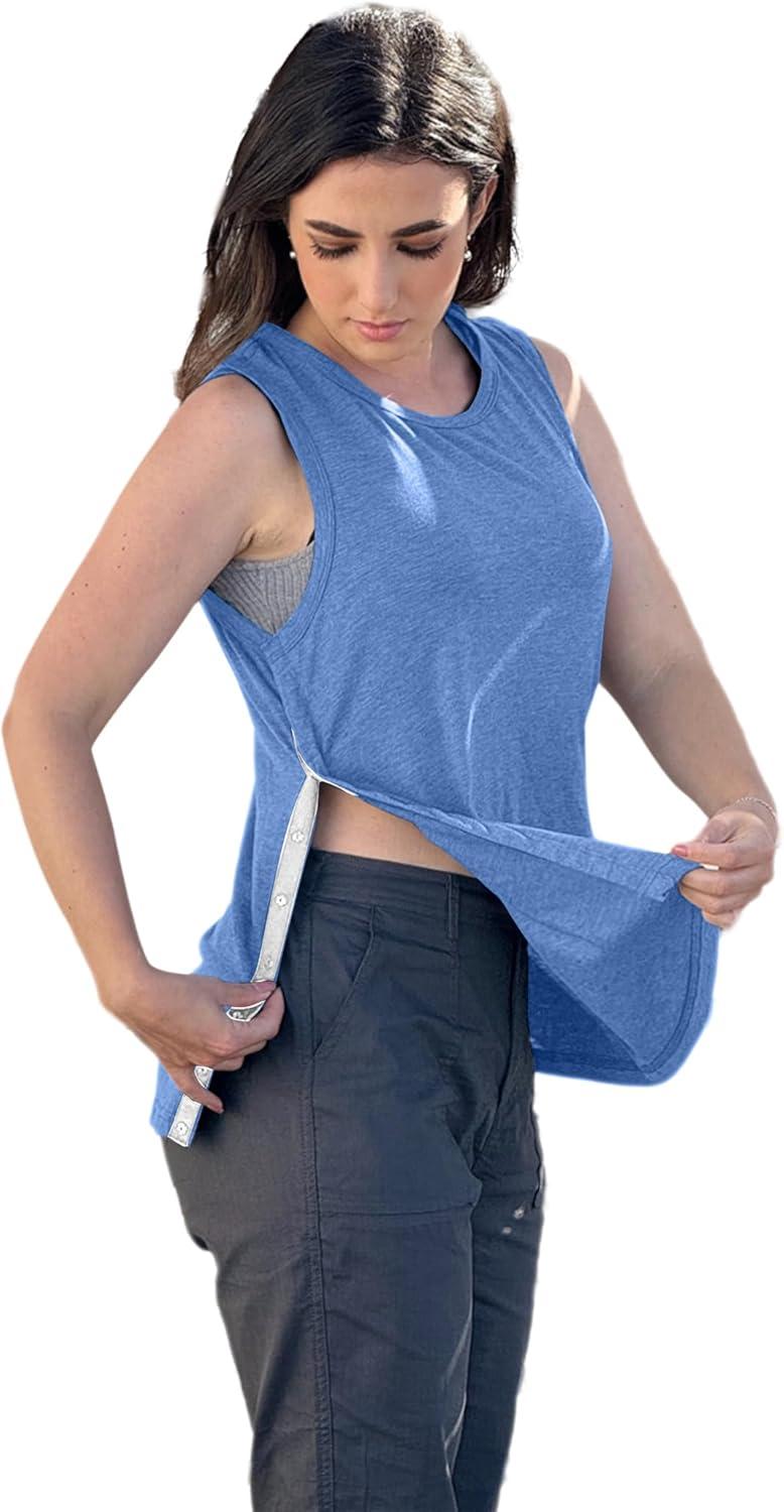 imageDeyeek Post Shoulder Surgery Shirts for Women Tear Away Snap Button Rotator Cuff Shirt Mastectomy Chemo Port Access Tank TopsBlue