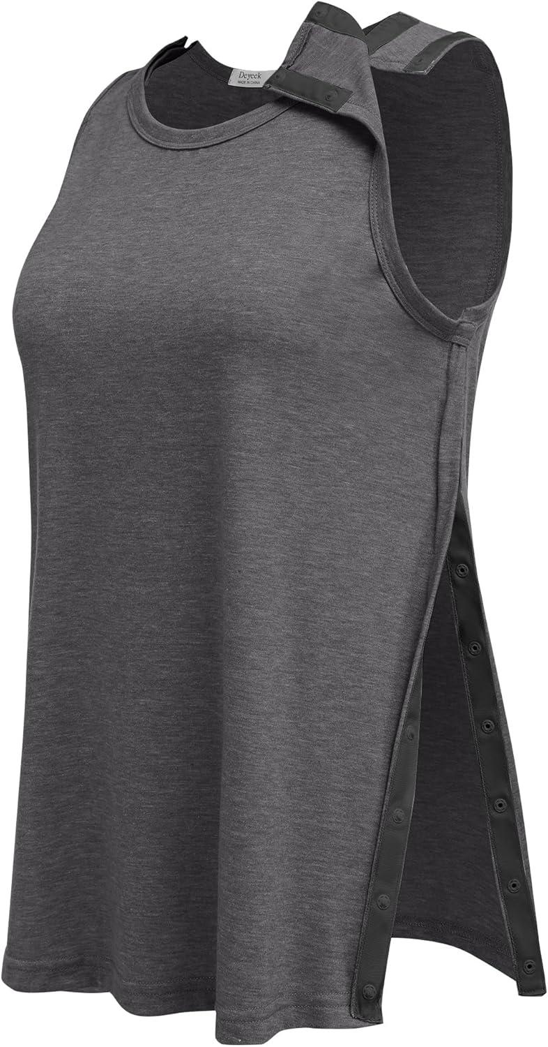 imageDeyeek Post Shoulder Surgery Shirts for Women Tear Away Snap Button Rotator Cuff Shirt Mastectomy Chemo Port Access Tank TopsDark Grey