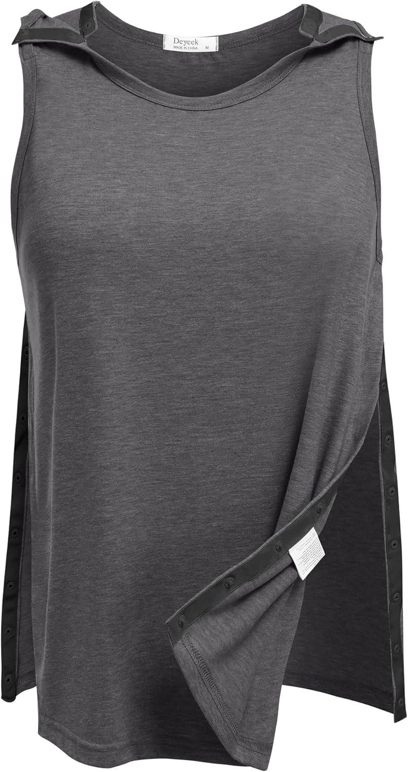 imageDeyeek Post Shoulder Surgery Shirts for Women Tear Away Snap Button Rotator Cuff Shirt Mastectomy Chemo Port Access Tank TopsDark Grey