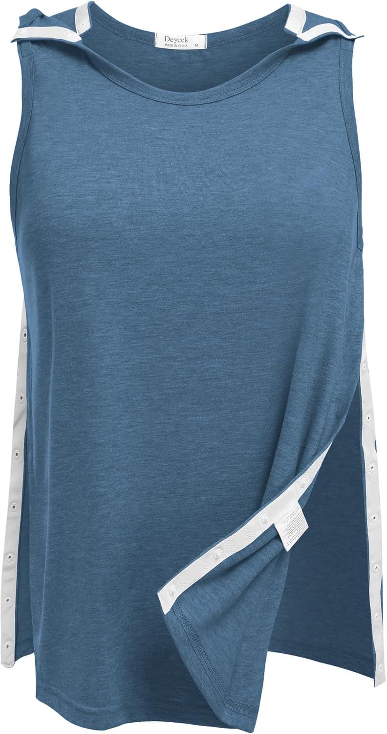 imageDeyeek Post Shoulder Surgery Shirts for Women Tear Away Snap Button Rotator Cuff Shirt Mastectomy Chemo Port Access Tank TopsDeep Blue