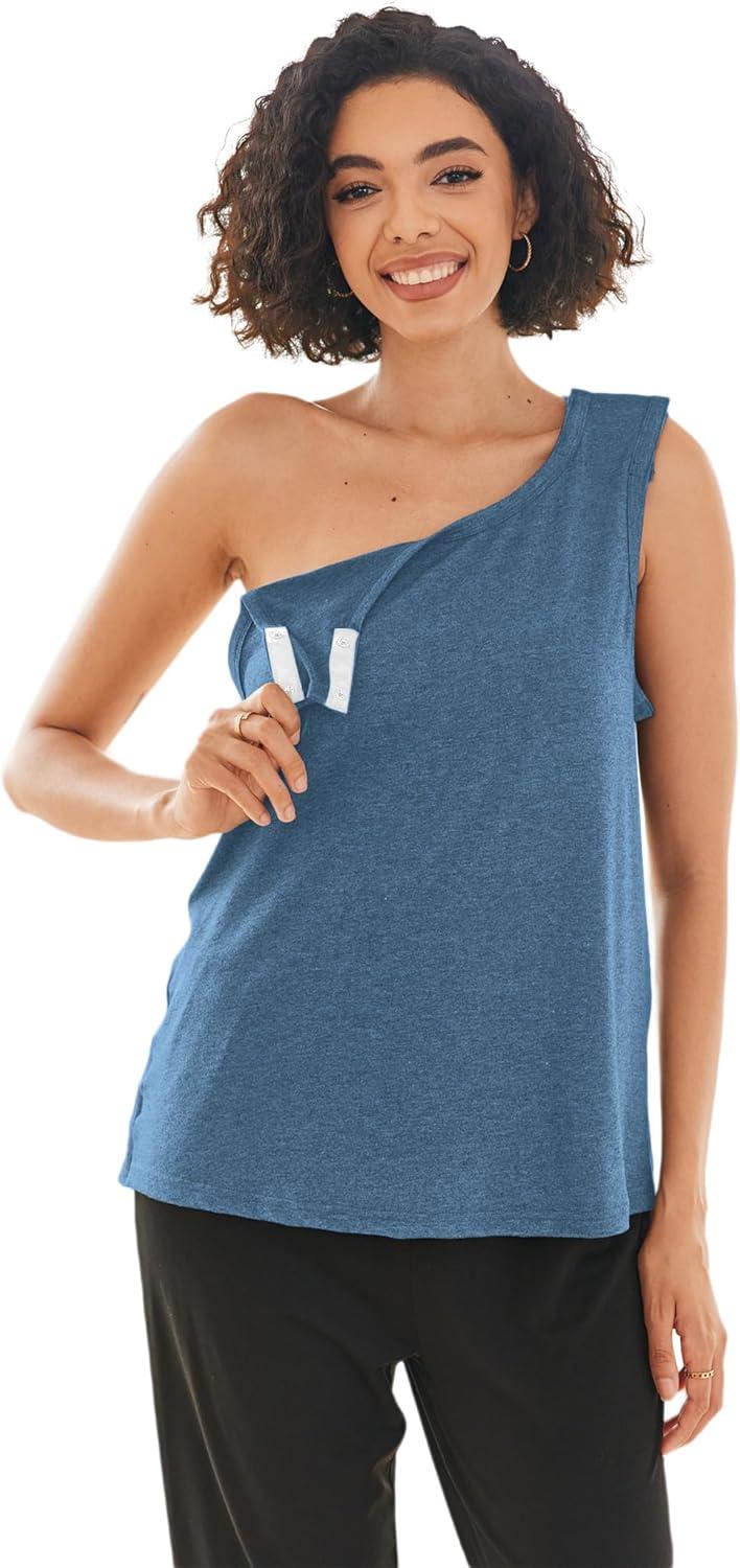 imageDeyeek Post Shoulder Surgery Shirts for Women Tear Away Snap Button Rotator Cuff Shirt Mastectomy Chemo Port Access Tank TopsDeep Blue