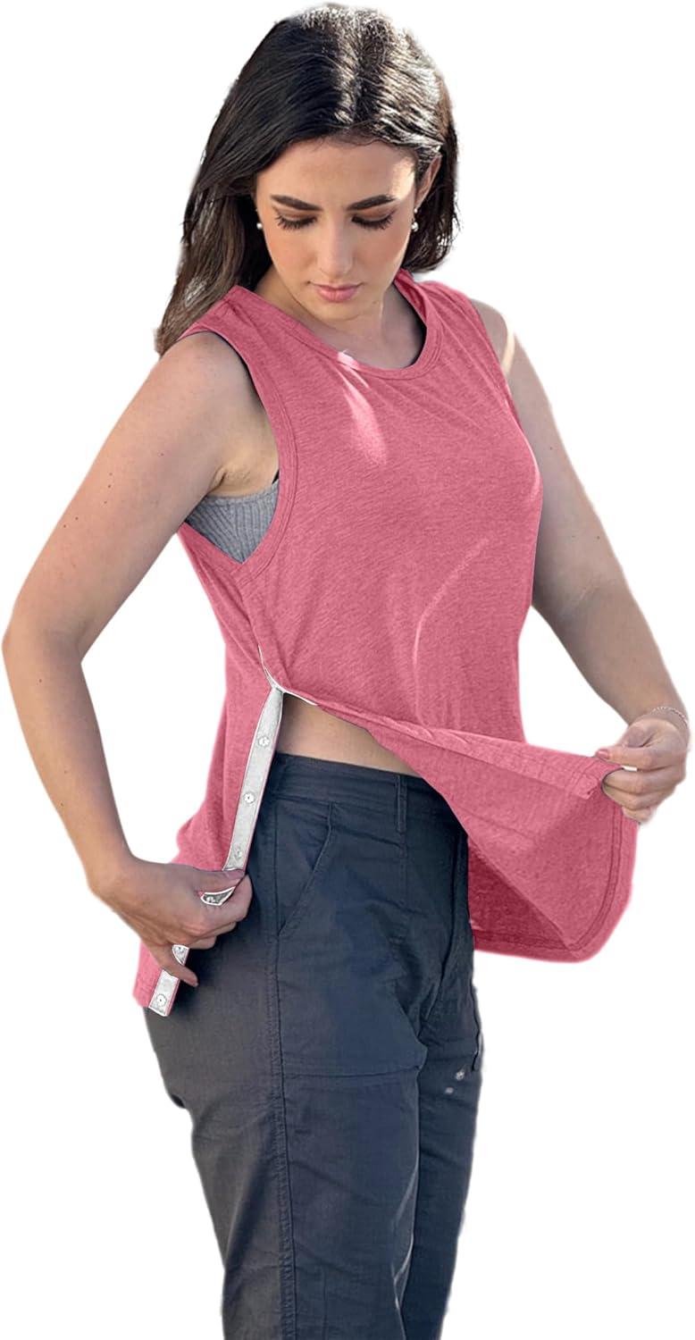 imageDeyeek Post Shoulder Surgery Shirts for Women Tear Away Snap Button Rotator Cuff Shirt Mastectomy Chemo Port Access Tank TopsRed