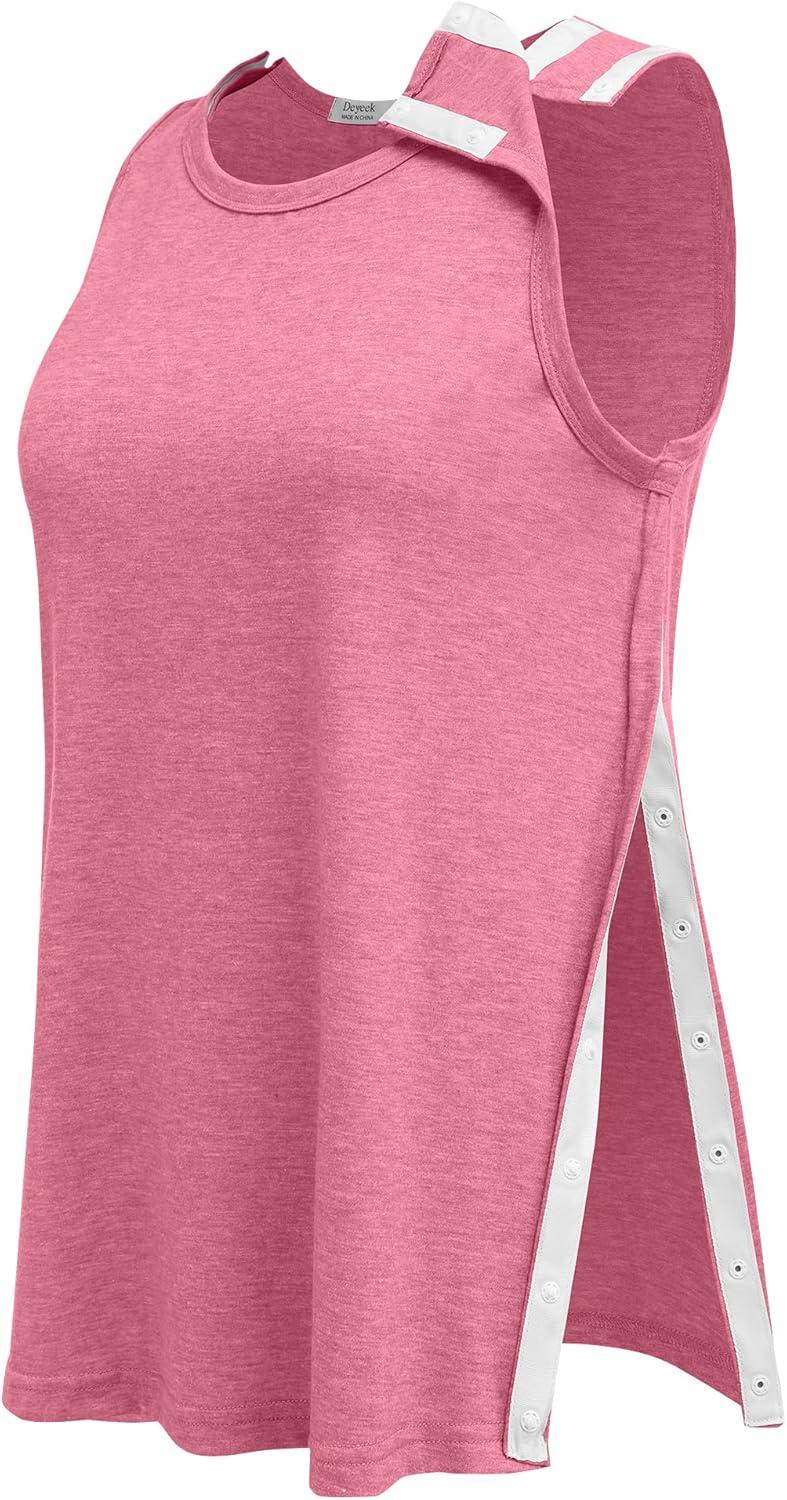 imageDeyeek Post Shoulder Surgery Shirts for Women Tear Away Snap Button Rotator Cuff Shirt Mastectomy Chemo Port Access Tank TopsRed
