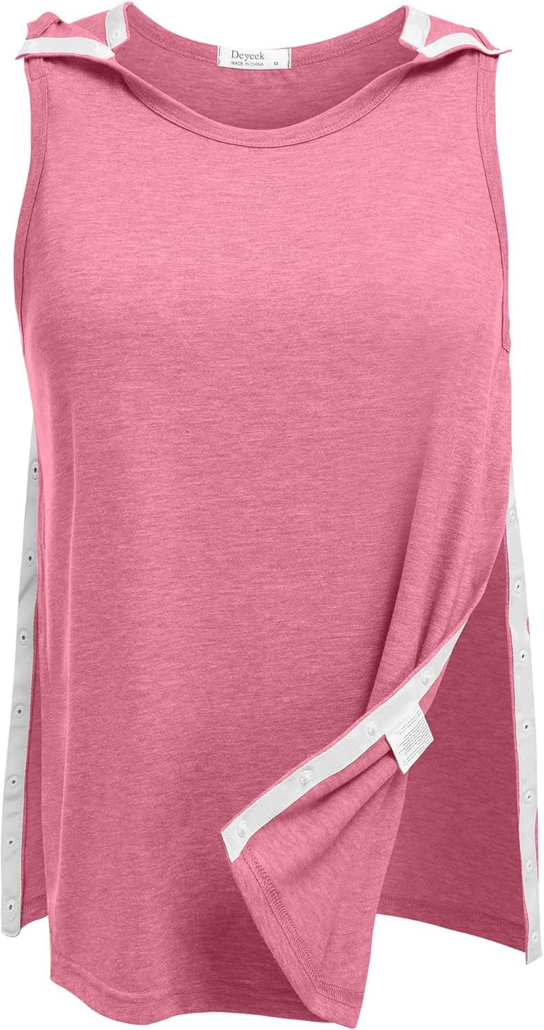 imageDeyeek Post Shoulder Surgery Shirts for Women Tear Away Snap Button Rotator Cuff Shirt Mastectomy Chemo Port Access Tank TopsRed
