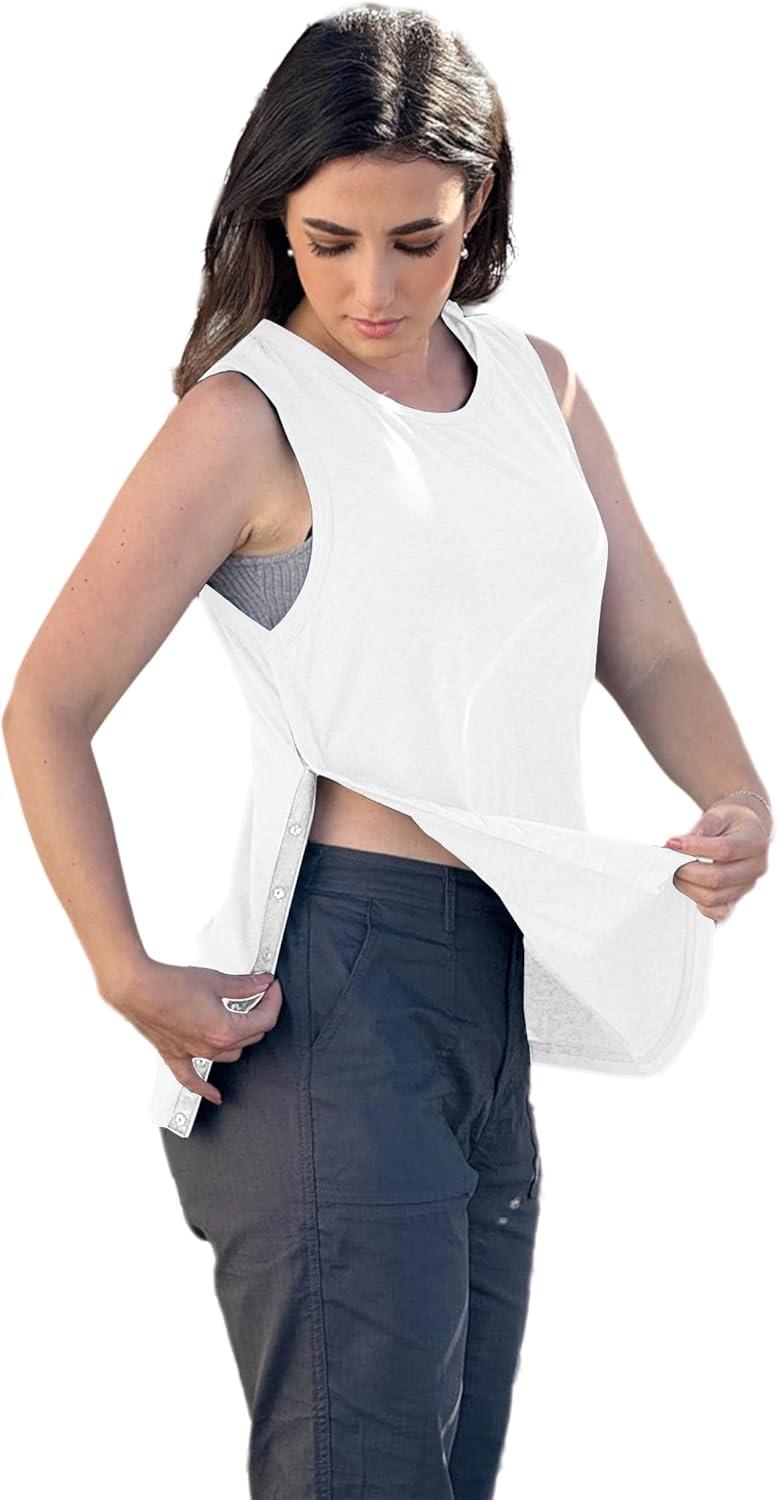 imageDeyeek Post Shoulder Surgery Shirts for Women Tear Away Snap Button Rotator Cuff Shirt Mastectomy Chemo Port Access Tank TopsWhite