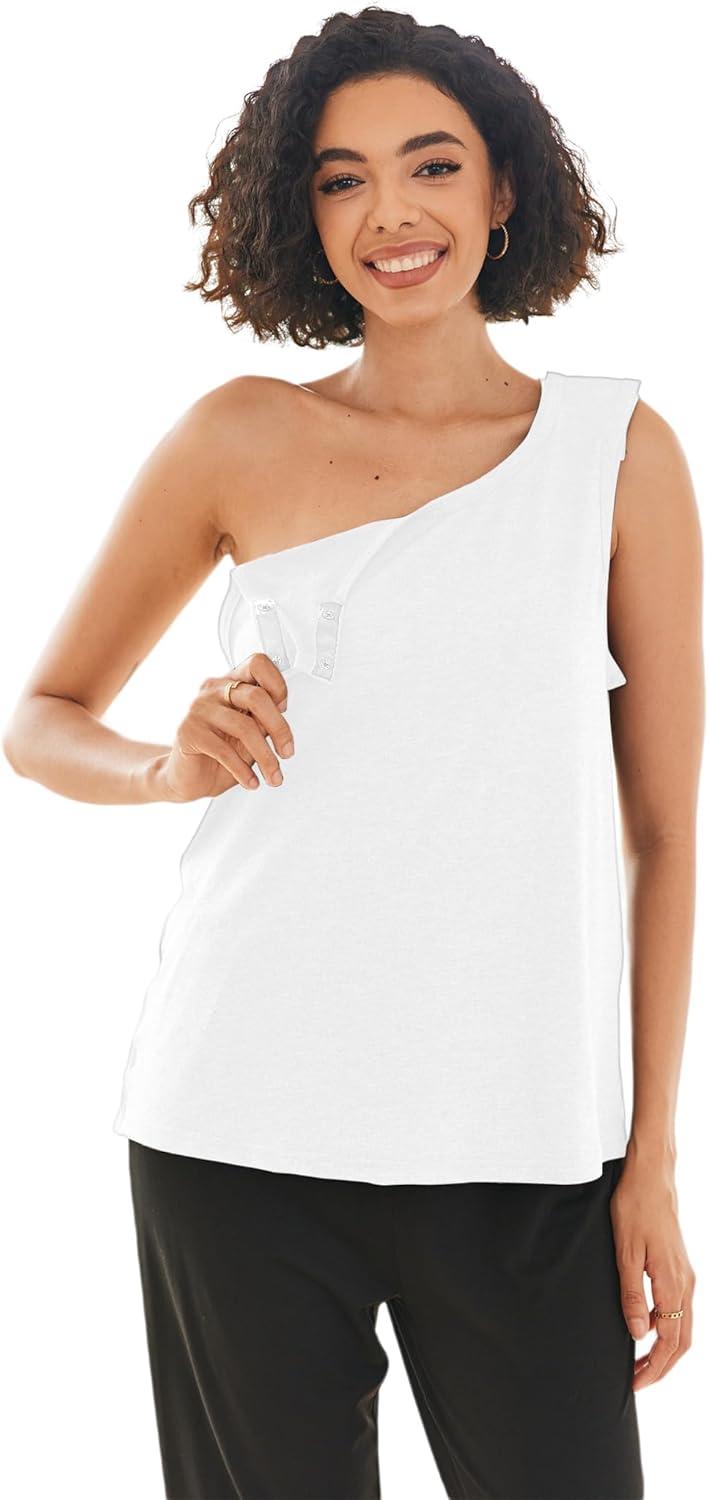 imageDeyeek Post Shoulder Surgery Shirts for Women Tear Away Snap Button Rotator Cuff Shirt Mastectomy Chemo Port Access Tank TopsWhite