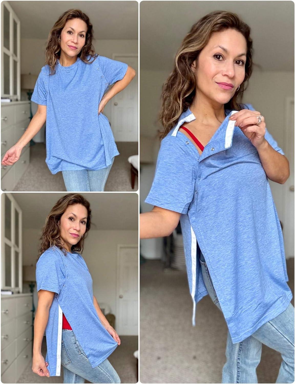 imageDeyeek Post Surgery Shirts Women Shoulder Recovery Tear Away Chemo Port Access Rotator Cuff Rehab Adaptive Clothing HospitalBlue