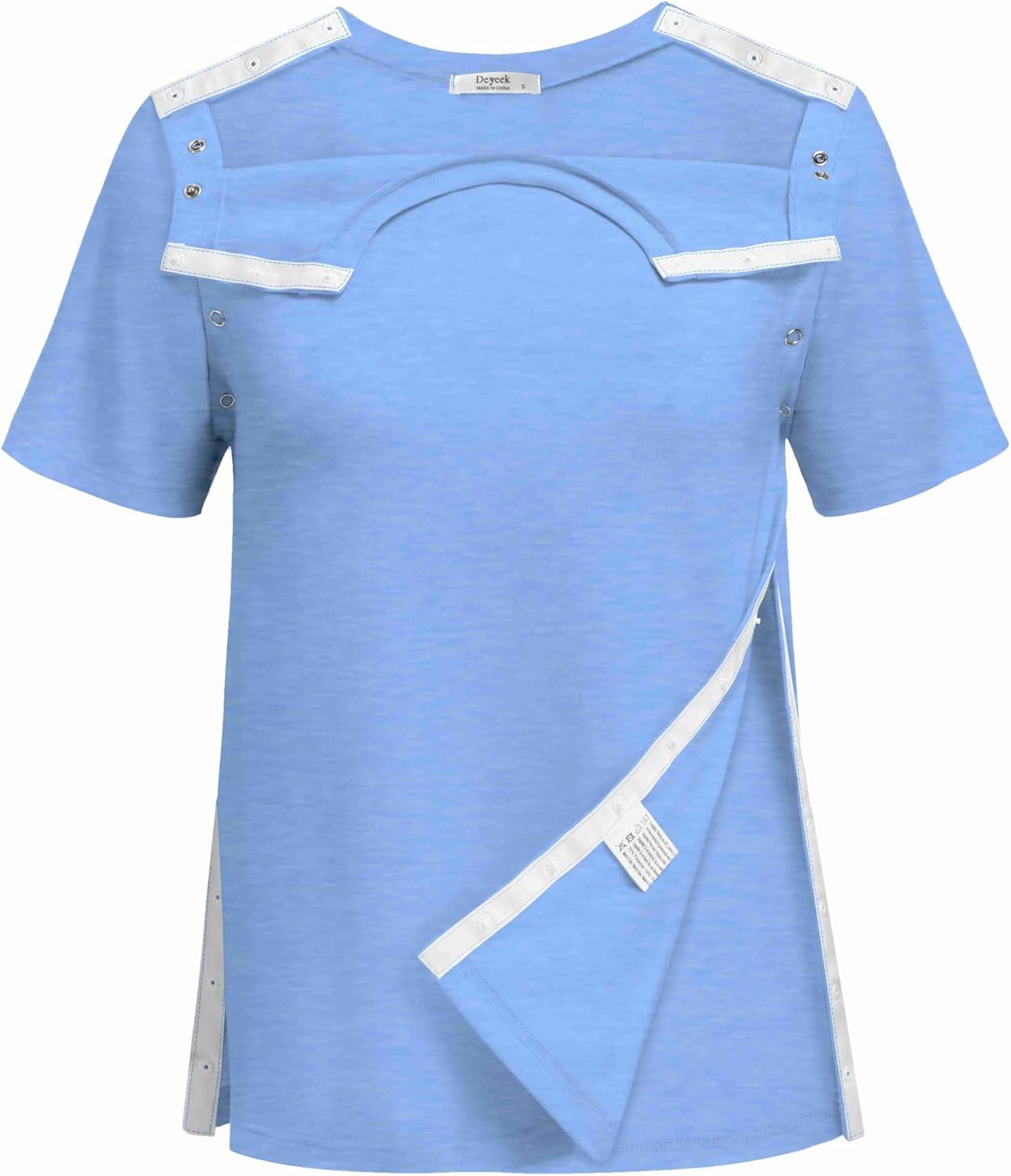 imageDeyeek Post Surgery Shirts Women Shoulder Recovery Tear Away Chemo Port Access Rotator Cuff Rehab Adaptive Clothing HospitalBlue