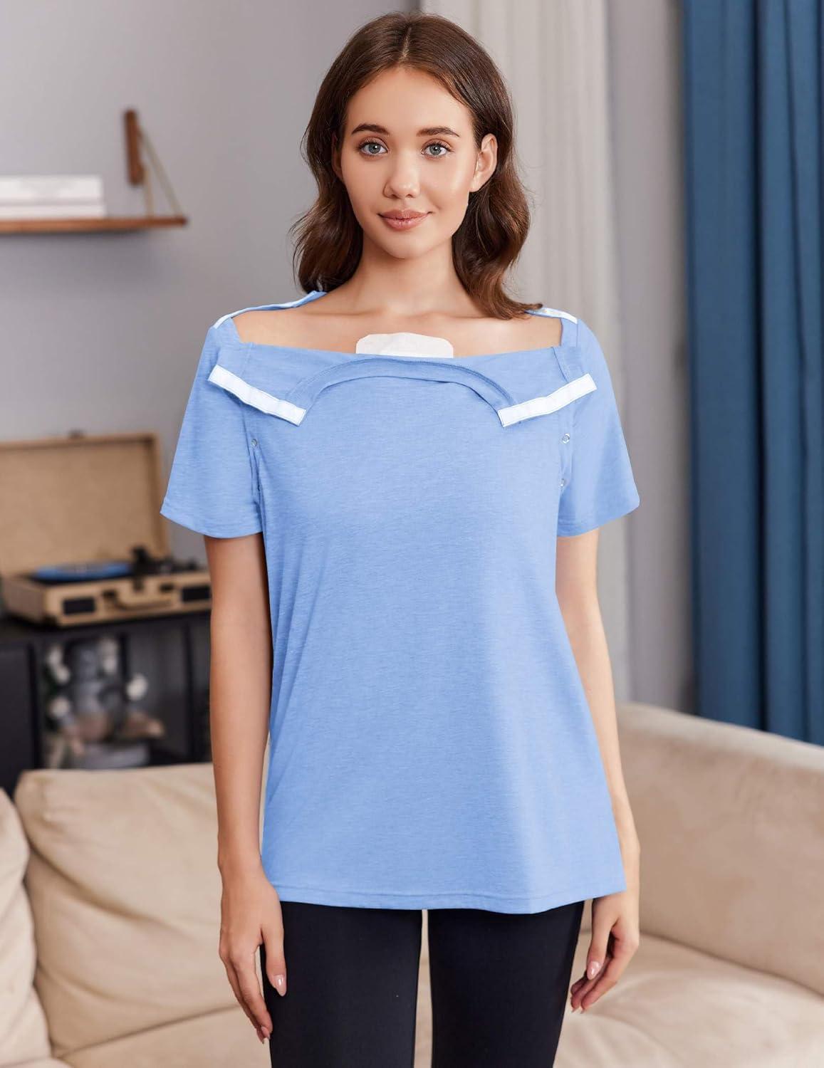 imageDeyeek Post Surgery Shirts Women Shoulder Recovery Tear Away Chemo Port Access Rotator Cuff Rehab Adaptive Clothing HospitalLight Blue